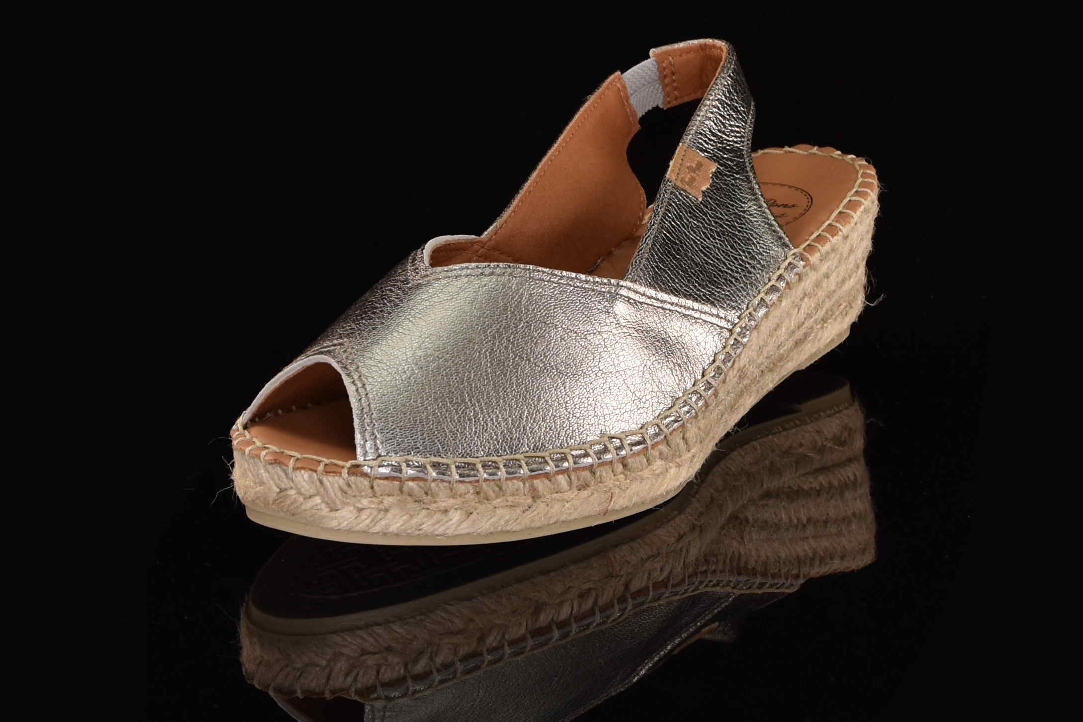 Oryginalne Ręcznie Szyte Hiszpańskie Sandały na Niskim Koturnie Espadryle Odkryte PalceTONI PONS 64051000 BERNIA-P/Steel/Stalowy Brokat - zdjęcie 2