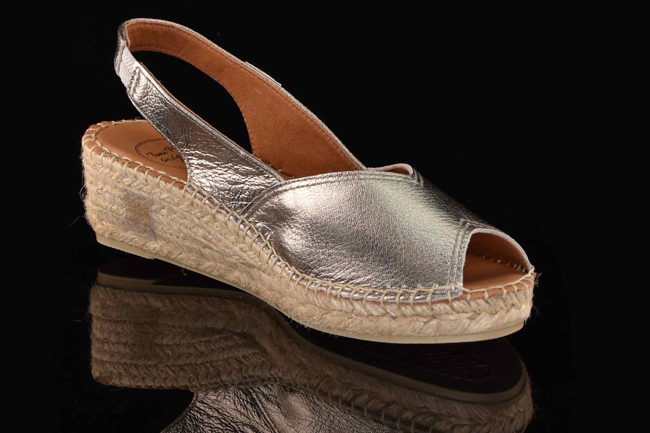 Oryginalne Ręcznie Szyte Hiszpańskie Sandały na Niskim Koturnie Espadryle Odkryte PalceTONI PONS 64051000 BERNIA-P/Steel/Stalowy Brokat - zdjęcie 3