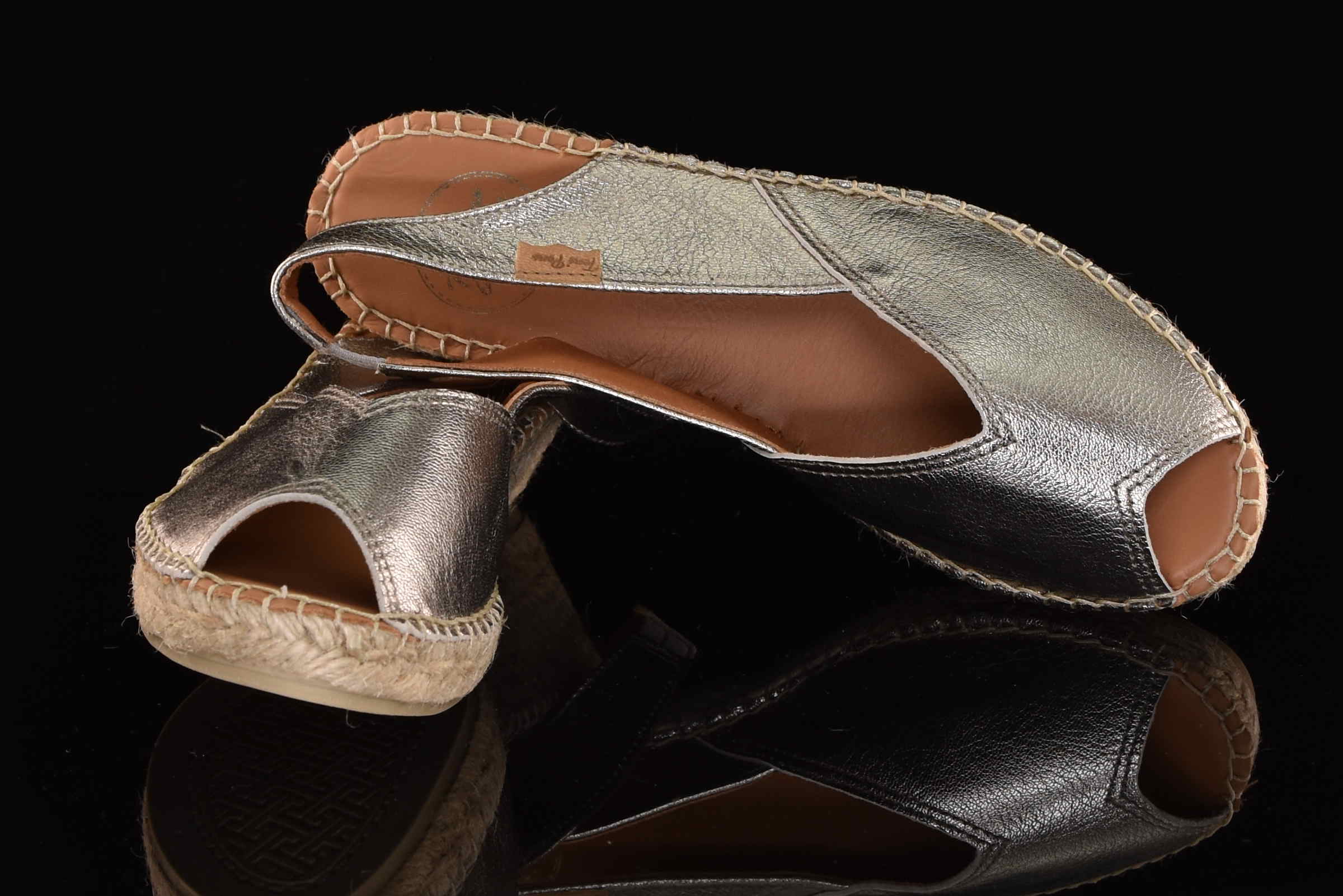 Oryginalne Ręcznie Szyte Hiszpańskie Sandały na Niskim Koturnie Espadryle Odkryte PalceTONI PONS 64051000 BERNIA-P/Steel/Stalowy Brokat - zdjęcie 6