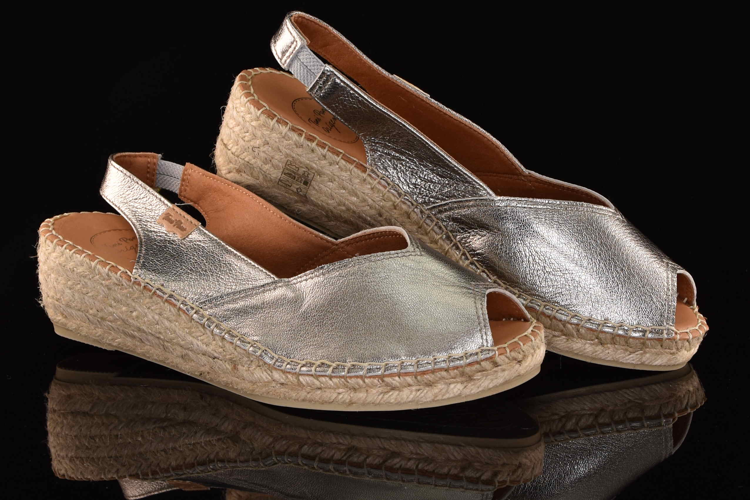 Oryginalne Ręcznie Szyte Hiszpańskie Sandały na Niskim Koturnie Espadryle Odkryte PalceTONI PONS 64051000 BERNIA-P/Steel/Stalowy Brokat - zdjęcie 7
