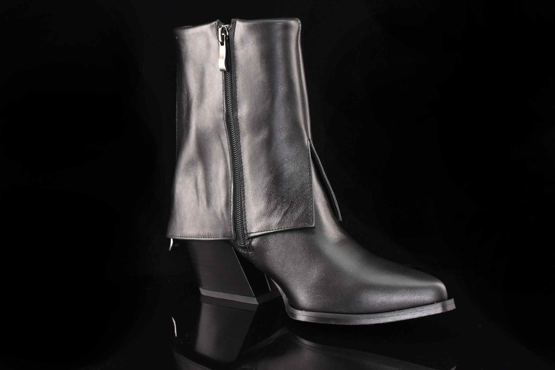 Bikery Damskie Botki Kowbojki Wywijana Cholewka Z Suwakiem Skórzane Hit Sezonu GAMIS 7635 Czarny - zdjęcie 3