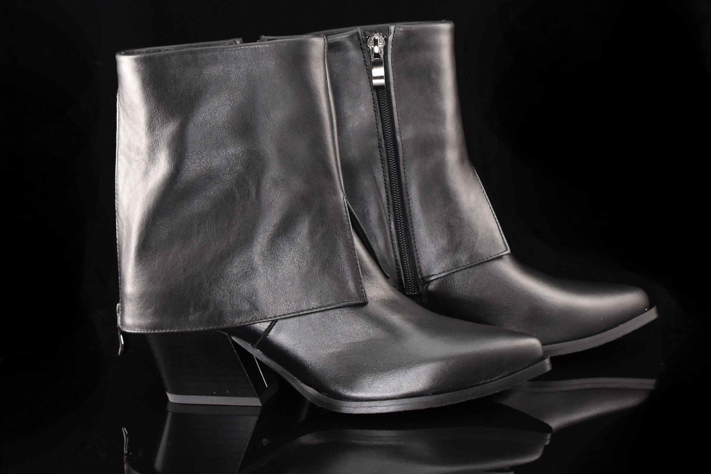 Bikery Damskie Botki Kowbojki Wywijana Cholewka Z Suwakiem Skórzane Hit Sezonu GAMIS 7635 Czarny - zdjęcie 6