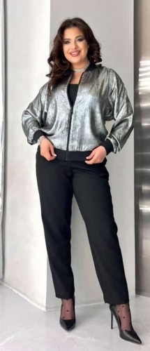 Elegancki Komplet Damski Srebrna Bomberka i Czarne Spodnie Rozmiary 36-42 NP 3545 Srebrny/Czarny - zdjęcie 4