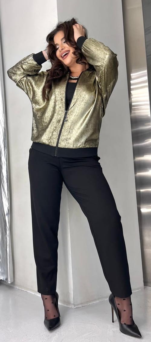 Elegancki Komplet Damski Złota Bomberka i Czarne Spodnie Duże Rozmiary 42-48 NP 3546 Złoty/Czarny - zdjęcie 1
