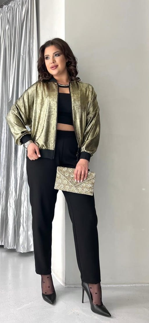 Elegancki Komplet Damski Złota Bomberka i Czarne Spodnie Duże Rozmiary 42-48 NP 3546 Złoty/Czarny - zdjęcie 2