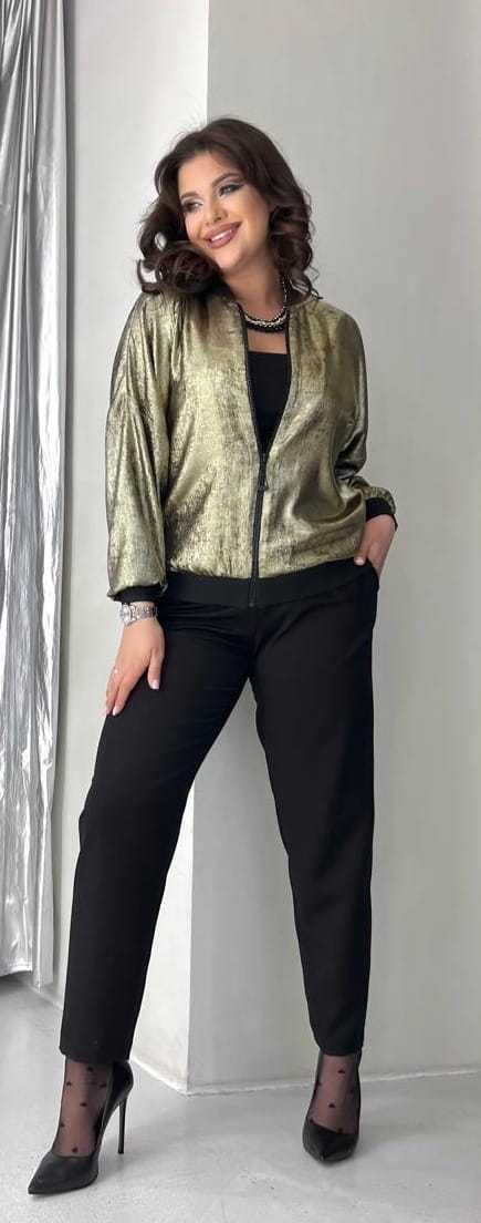 Elegancki Komplet Damski Złota Bomberka i Czarne Spodnie Duże Rozmiary 42-48 NP 3546 Złoty/Czarny - zdjęcie 3