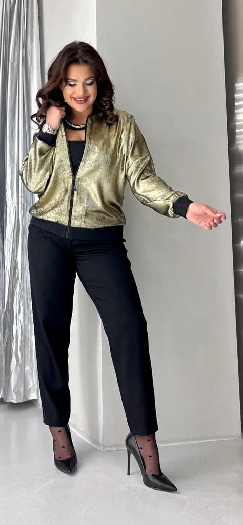 Elegancki Komplet Damski Złota Bomberka i Czarne Spodnie Duże Rozmiary 42-48 NP 3546 Złoty/Czarny - zdjęcie 4