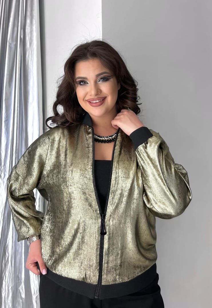 Elegancki Komplet Damski Złota Bomberka i Czarne Spodnie Duże Rozmiary 42-48 NP 3546 Złoty/Czarny - zdjęcie 5