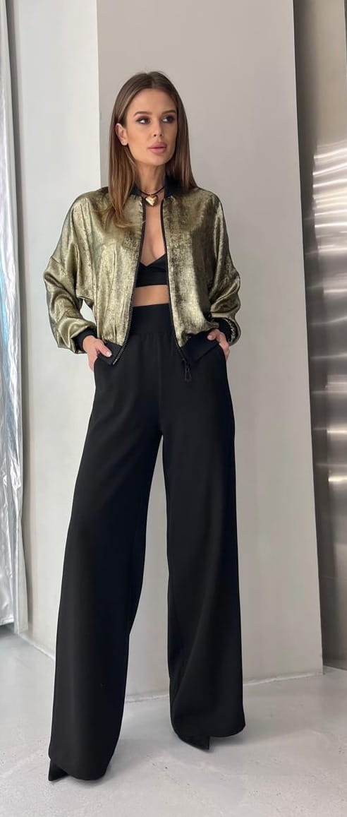 Elegancki Komplet Damski Złota Bomberka i Czarne Rozszerzane Spodnie Rozmiary 36-42 NP 3545 Złoty/Czarny - zdjęcie 2