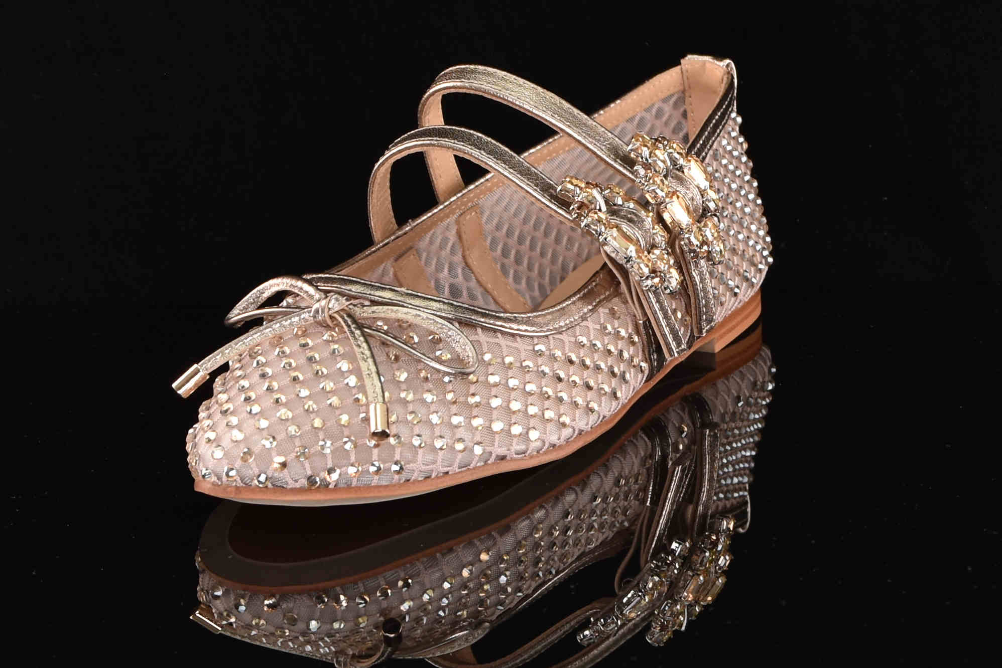 Obłędne Baleriny Siatka z Cyrkoniami Zapinane na Dwa Paseczki ALMA EN PENA V250532 Diva Bronze/Złoty - zdjęcie 2