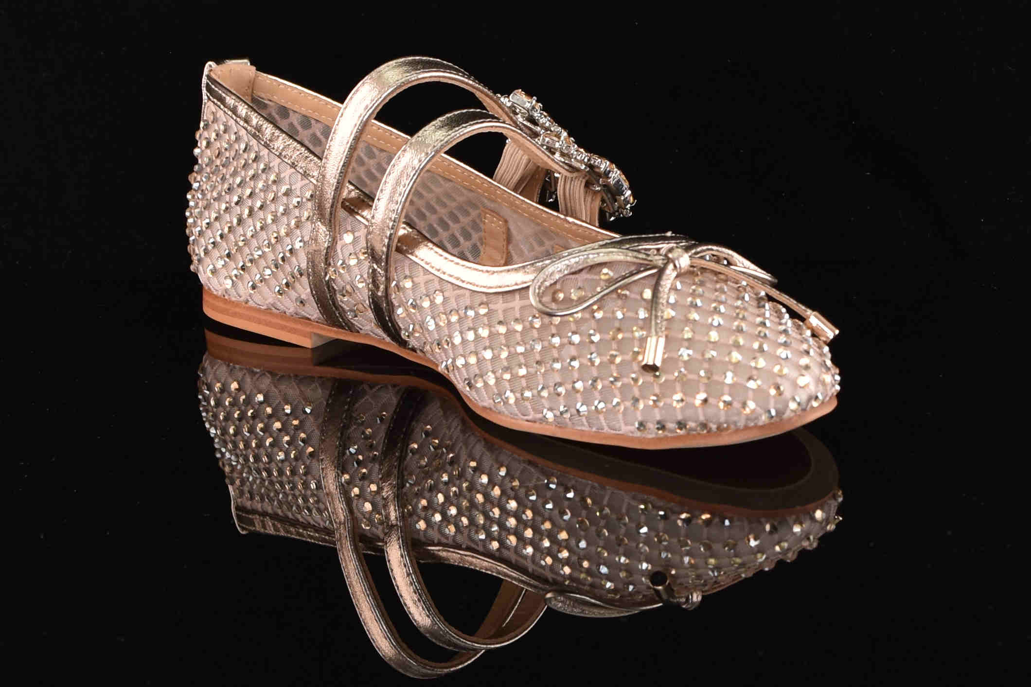 Obłędne Baleriny Siatka z Cyrkoniami Zapinane na Dwa Paseczki ALMA EN PENA V250532 Diva Bronze/Złoty - zdjęcie 3