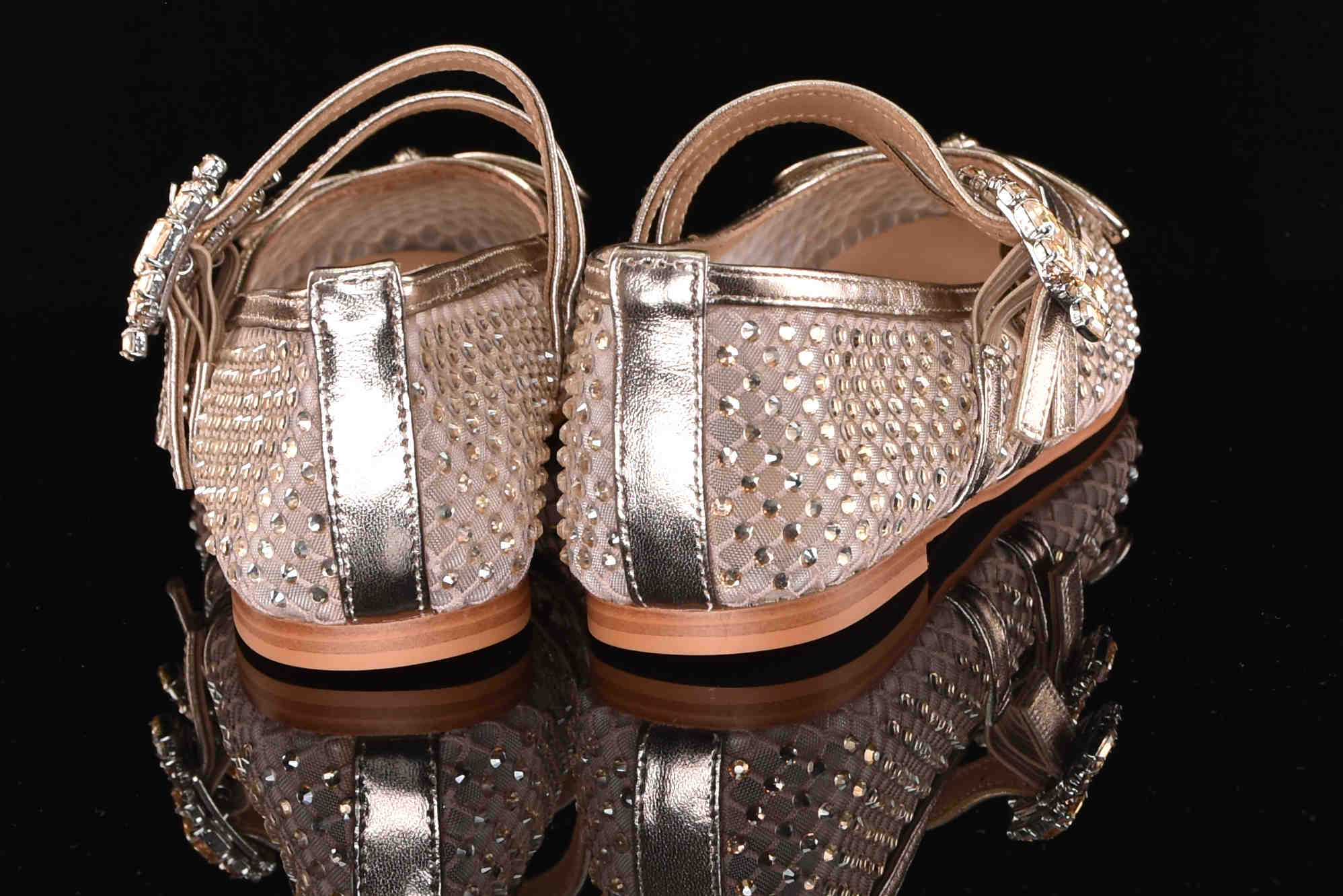 Obłędne Baleriny Siatka z Cyrkoniami Zapinane na Dwa Paseczki ALMA EN PENA V250532 Diva Bronze/Złoty - zdjęcie 5