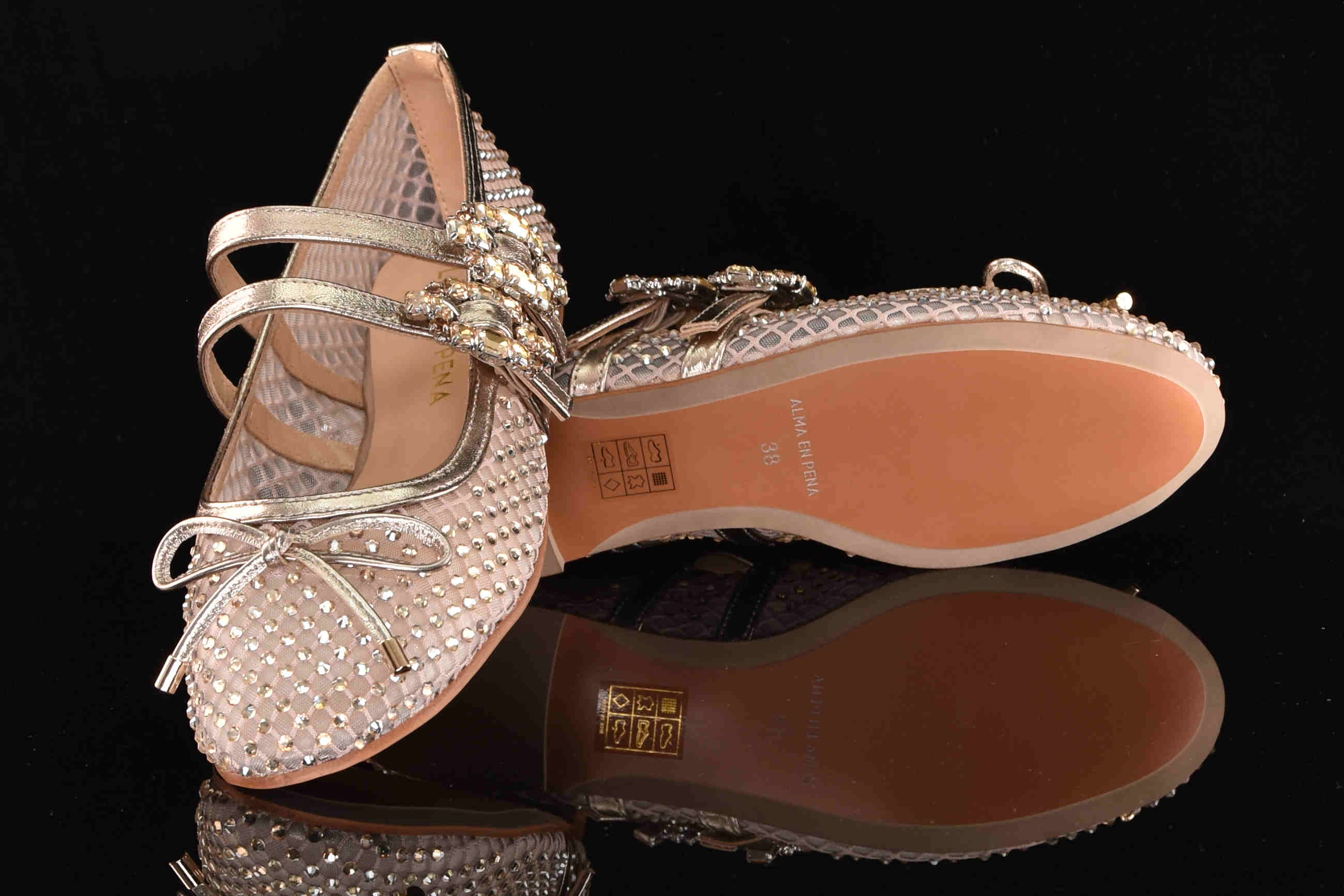 Obłędne Baleriny Siatka z Cyrkoniami Zapinane na Dwa Paseczki ALMA EN PENA V250532 Diva Bronze/Złoty - zdjęcie 6