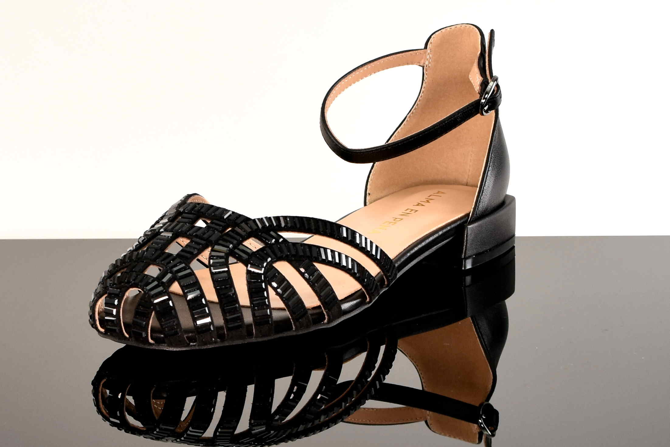 Eleganckie Sandały ze Skóry Naturalnej z Kryształkami Rozmiary Do 42 ALMA EN PENA V250411 Napa Black/Czarny - zdjęcie 2