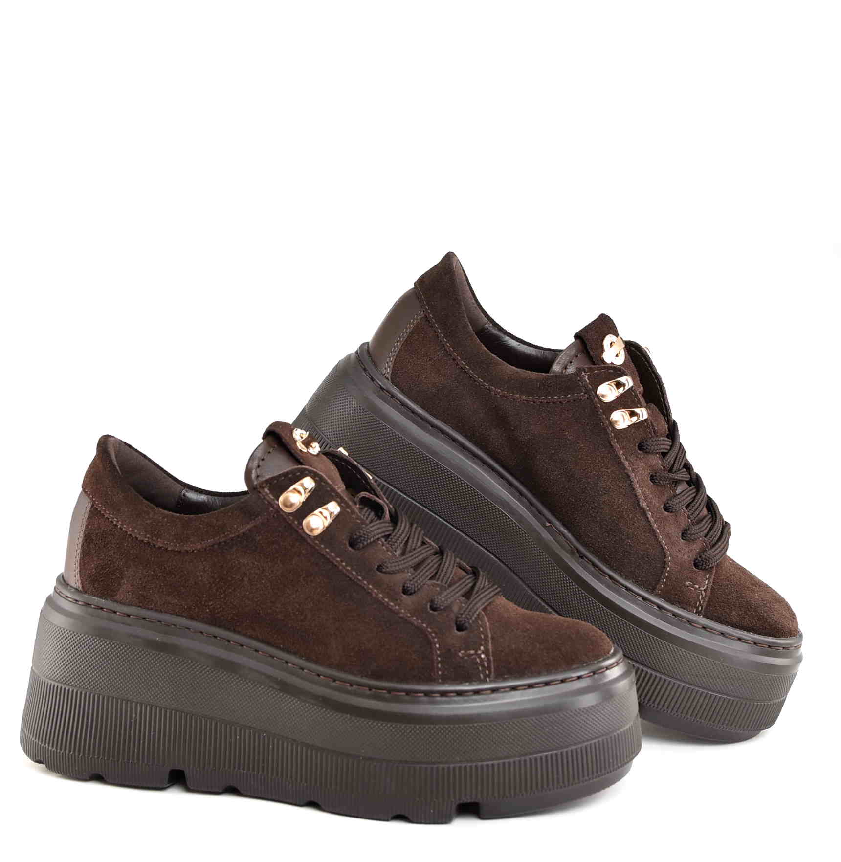 Damskie Sneakersy na Platformie z Naturalnego Zamszu Czekoladowy MUST HAVE Sezonu KARO W-20123-1993F Ciemny Brąz - zdjęcie 6