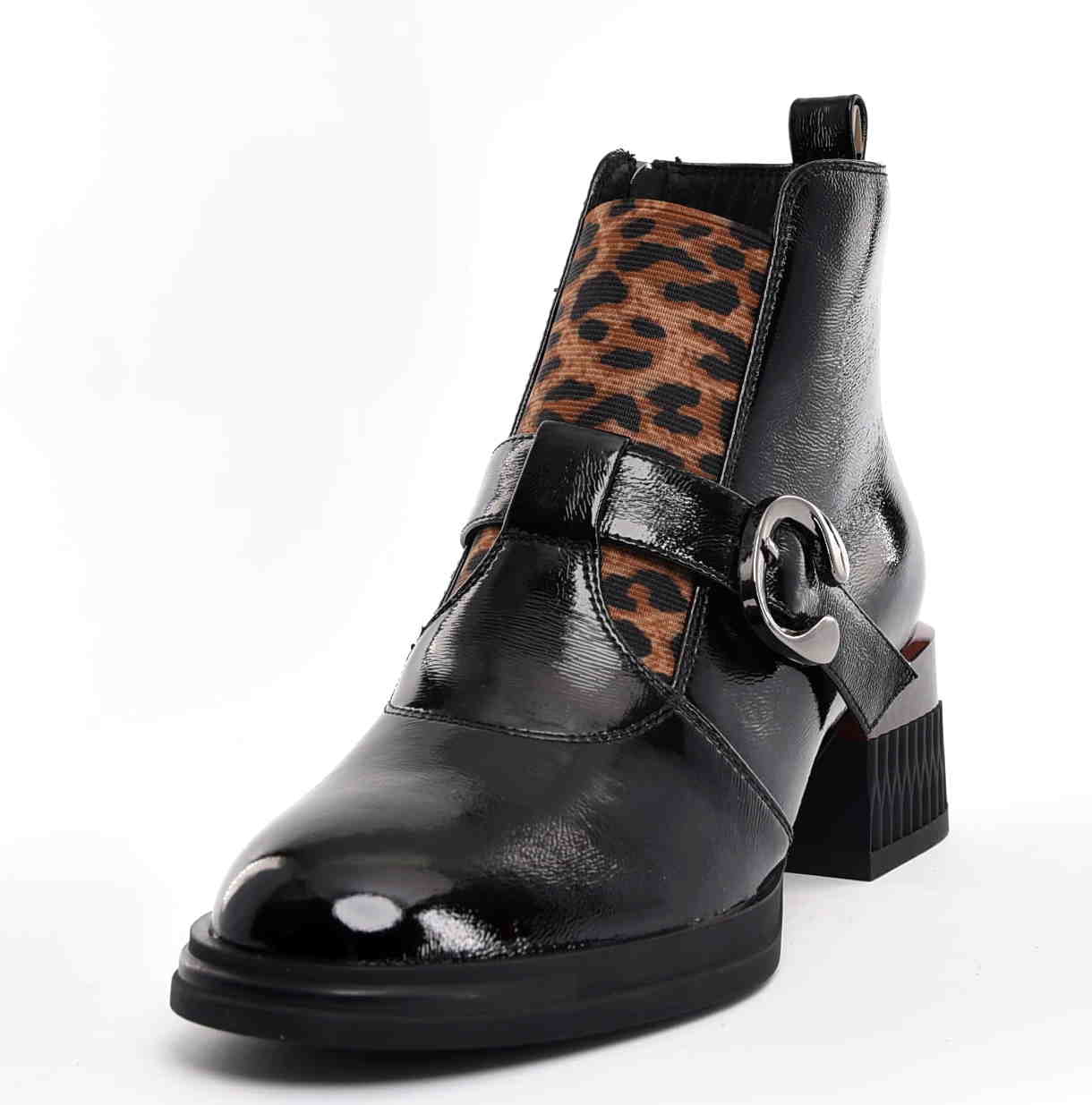 Botki z Naturalnej Skóry Lakierowanej Nowoczesna Elegancja ze Zwierzęcym Akcentem LORETTA VITALE C6909 Czarny - zdjęcie 2