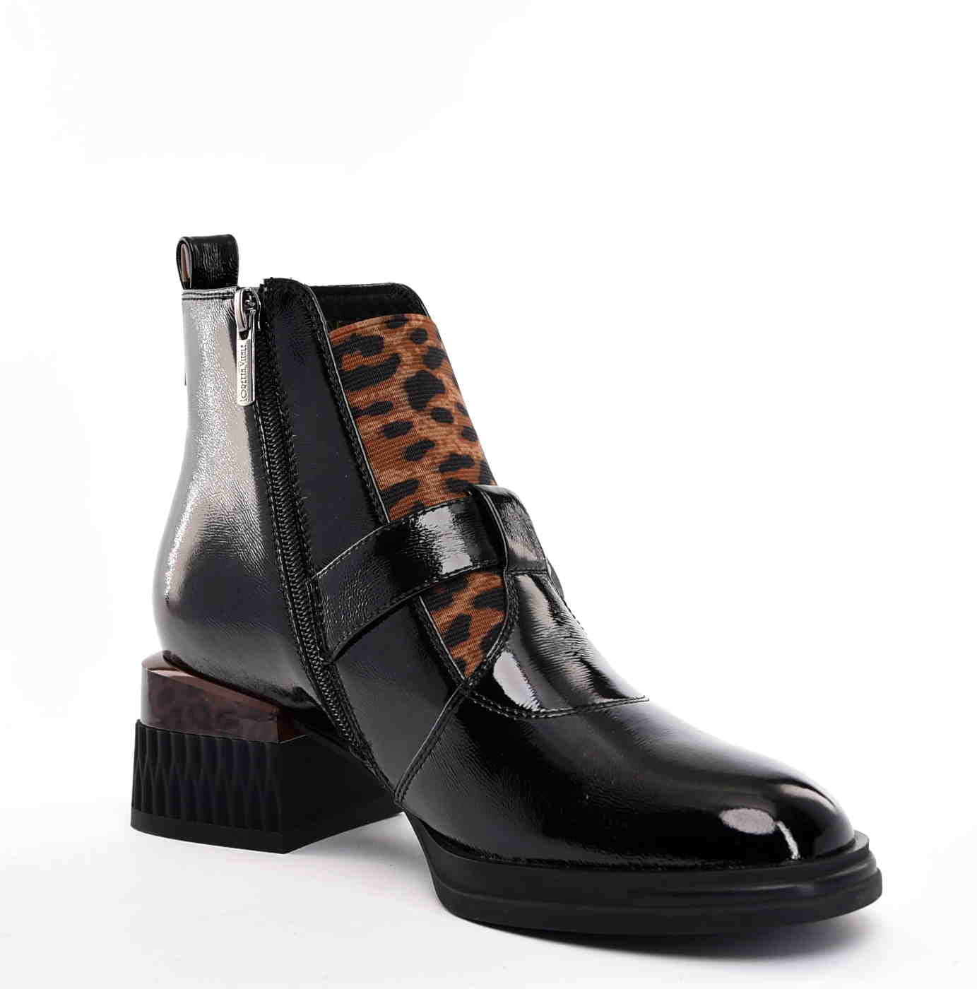 Botki z Naturalnej Skóry Lakierowanej Nowoczesna Elegancja ze Zwierzęcym Akcentem LORETTA VITALE C6909 Czarny - zdjęcie 3