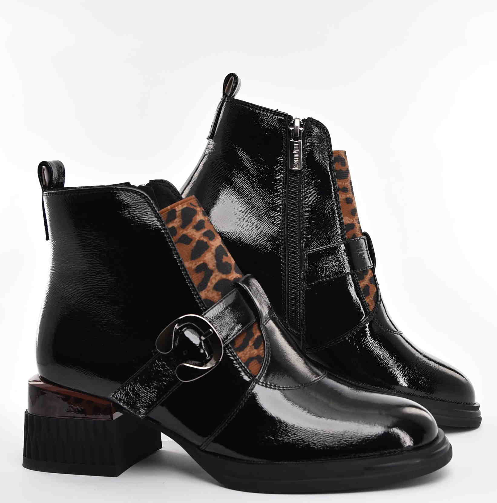 Botki z Naturalnej Skóry Lakierowanej Nowoczesna Elegancja ze Zwierzęcym Akcentem LORETTA VITALE C6909 Czarny - zdjęcie 6