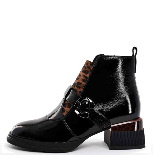 Botki z Naturalnej Skóry Lakierowanej Nowoczesna Elegancja ze Zwierzęcym Akcentem LORETTA VITALE C6909 Czarny - zdjęcie 7