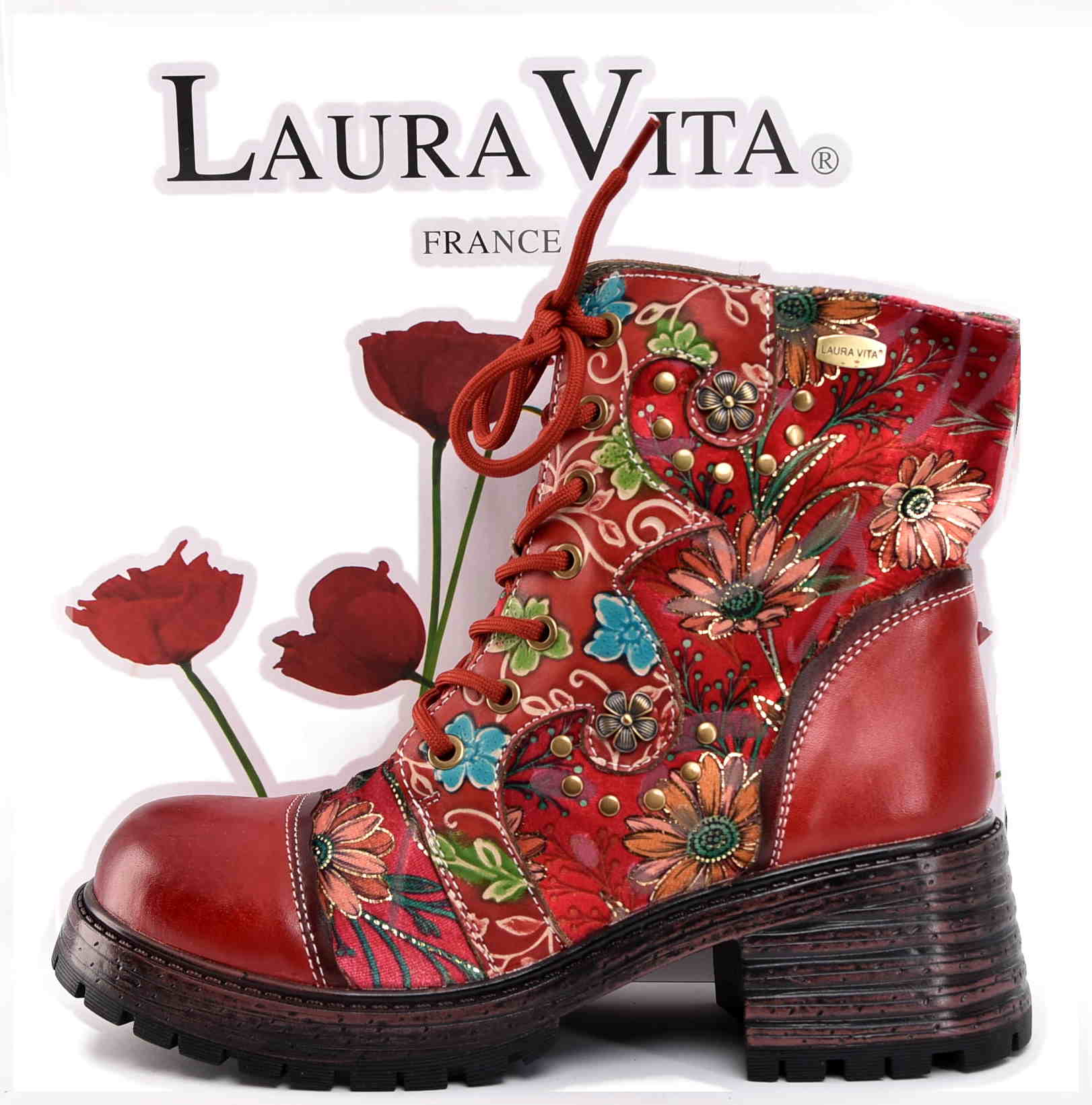 Artystyczne Skórzane Damskie Trzewiki Traperki LAURA VITA 0007165 KLEO 02 ROUGE/Czerwony - zdjęcie 1