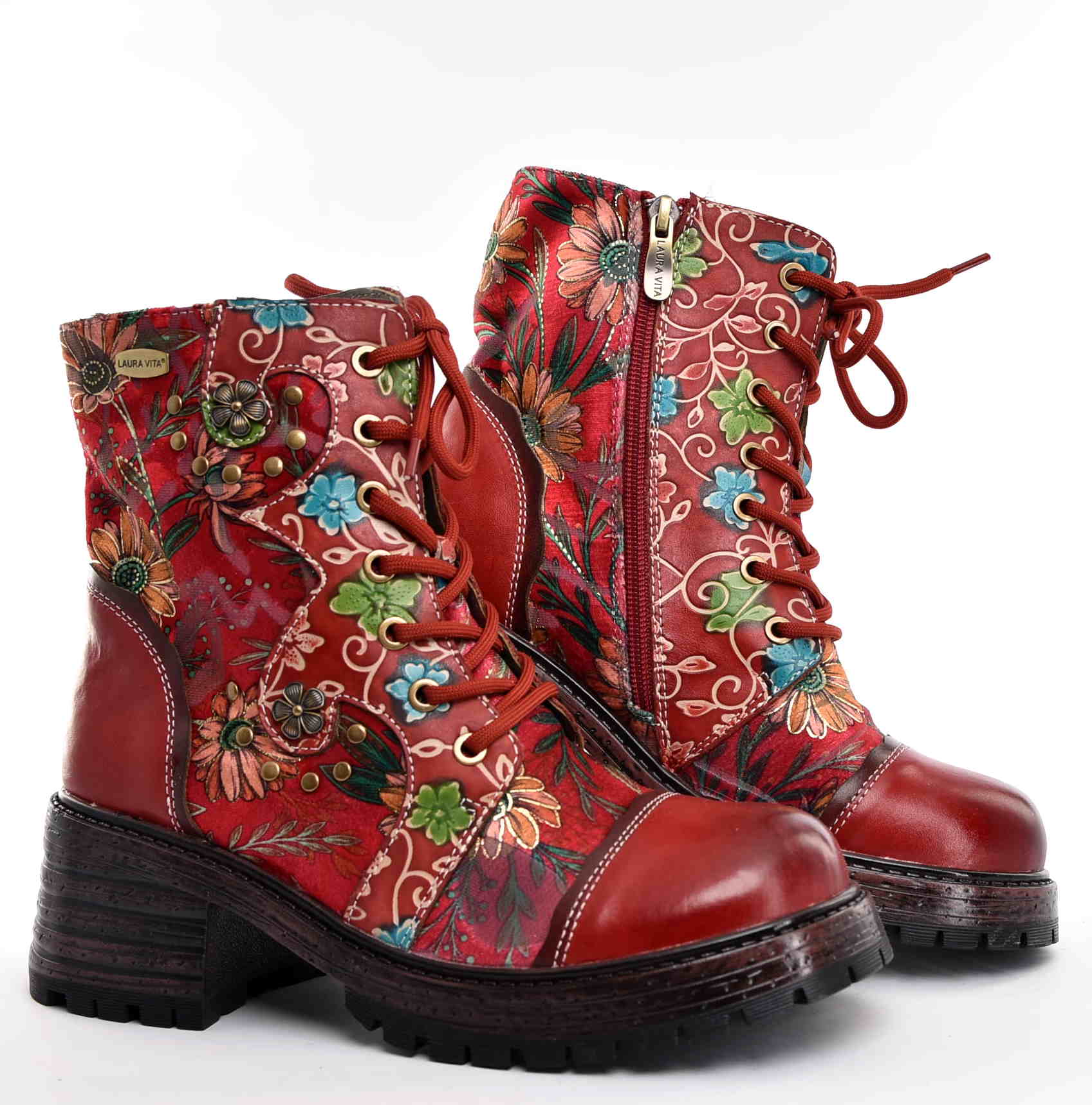 Artystyczne Skórzane Damskie Trzewiki Traperki LAURA VITA 0007165 KLEO 02 ROUGE/Czerwony - zdjęcie 8