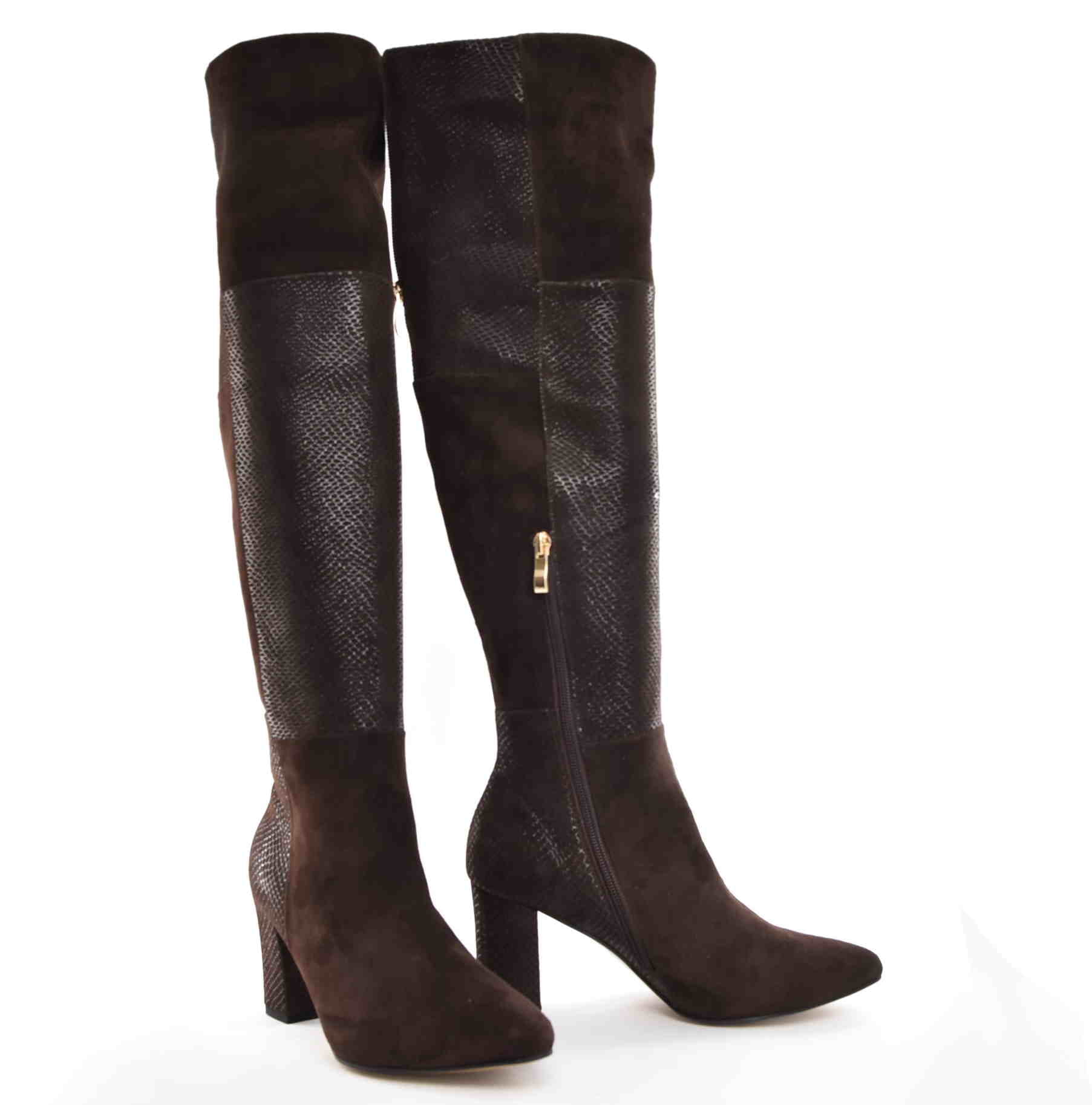 Kozaki Muszkieterki Brązowe Czekoladowe na Słupku Damiss DS-106/2/A Zamsz Żmijka - zdjęcie 5