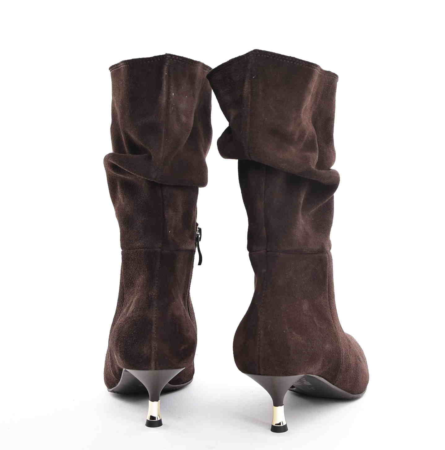 Obłędne Damskie Botki Marszczone Niski Obcas Czekolada Skóra Naturalna Zamsz 3891 Brąz - zdjęcie 4