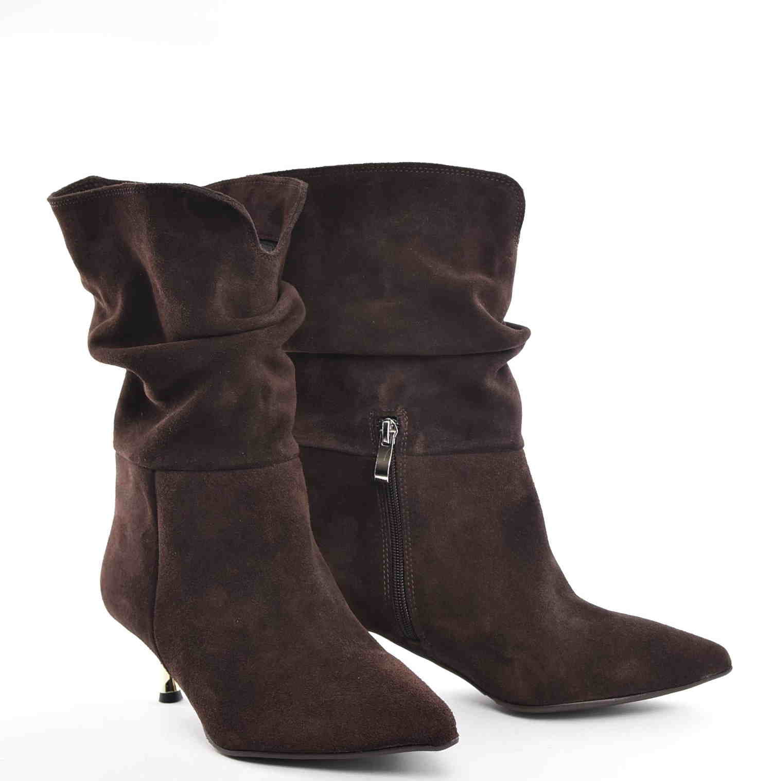 Obłędne Damskie Botki Marszczone Niski Obcas Czekolada Skóra Naturalna Zamsz 3891 Brąz - zdjęcie 5