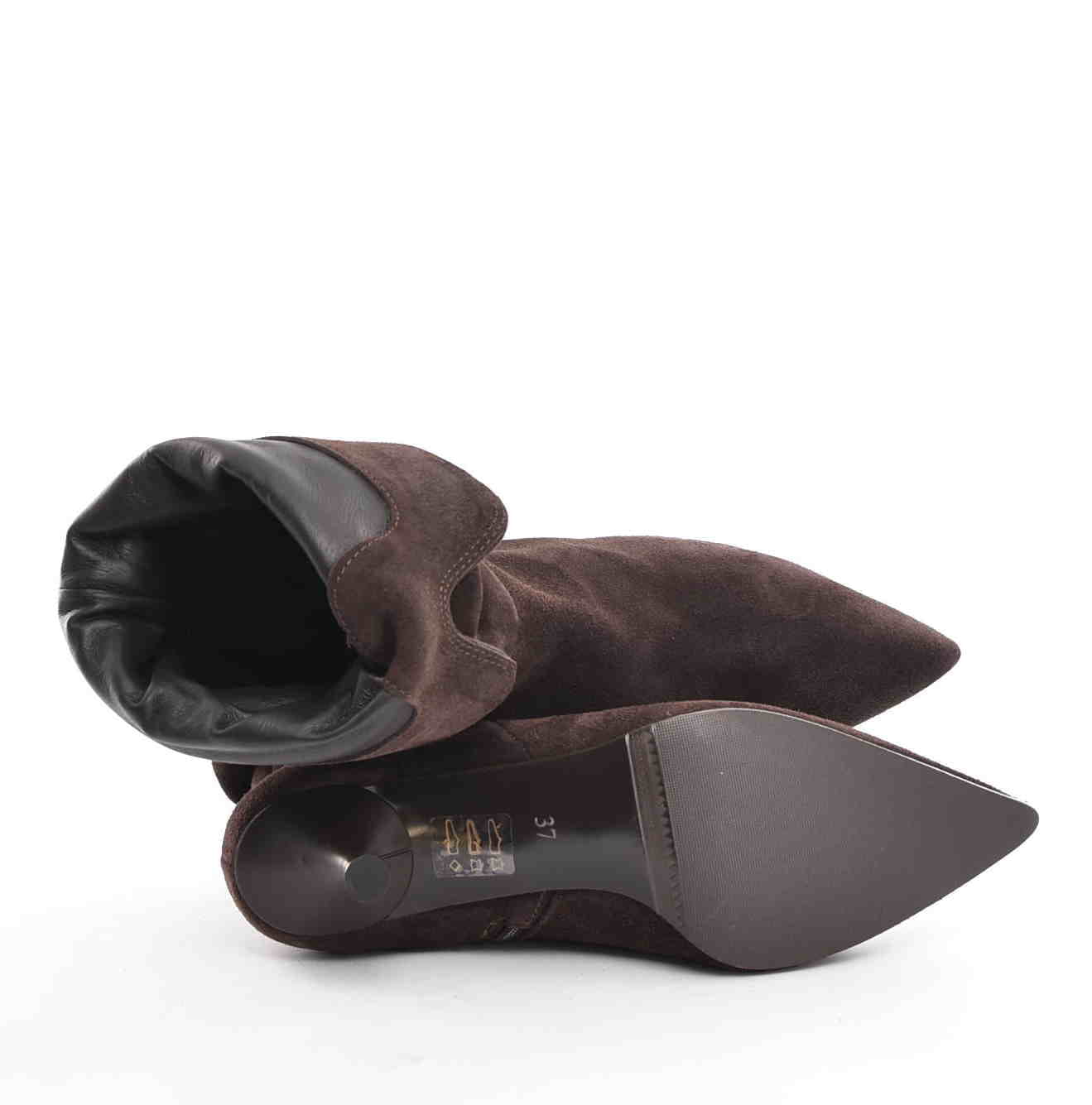 Obłędne Damskie Botki Marszczone Niski Obcas Czekolada Skóra Naturalna Zamsz 3891 Brąz - zdjęcie 6