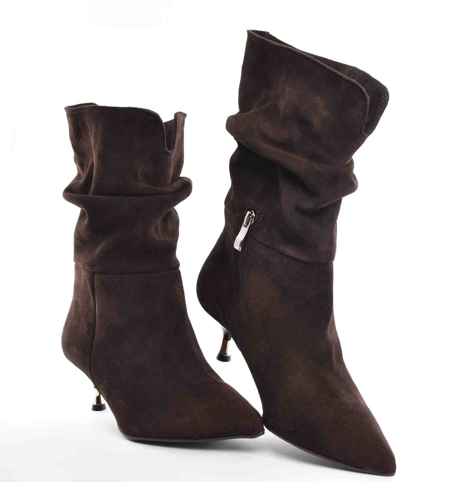 Obłędne Damskie Botki Marszczone Niski Obcas Czekolada Skóra Naturalna Zamsz 3891 Brąz - zdjęcie 7