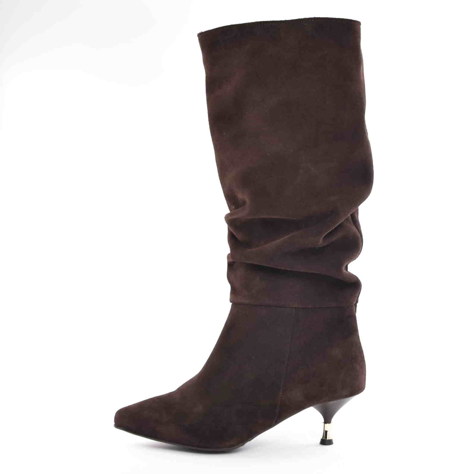 Obłędne Damskie Kozaki Marszczone Niski Obcas Czekolada Skóra Naturalna Zamsz 3917 Brąz - zdjęcie 1