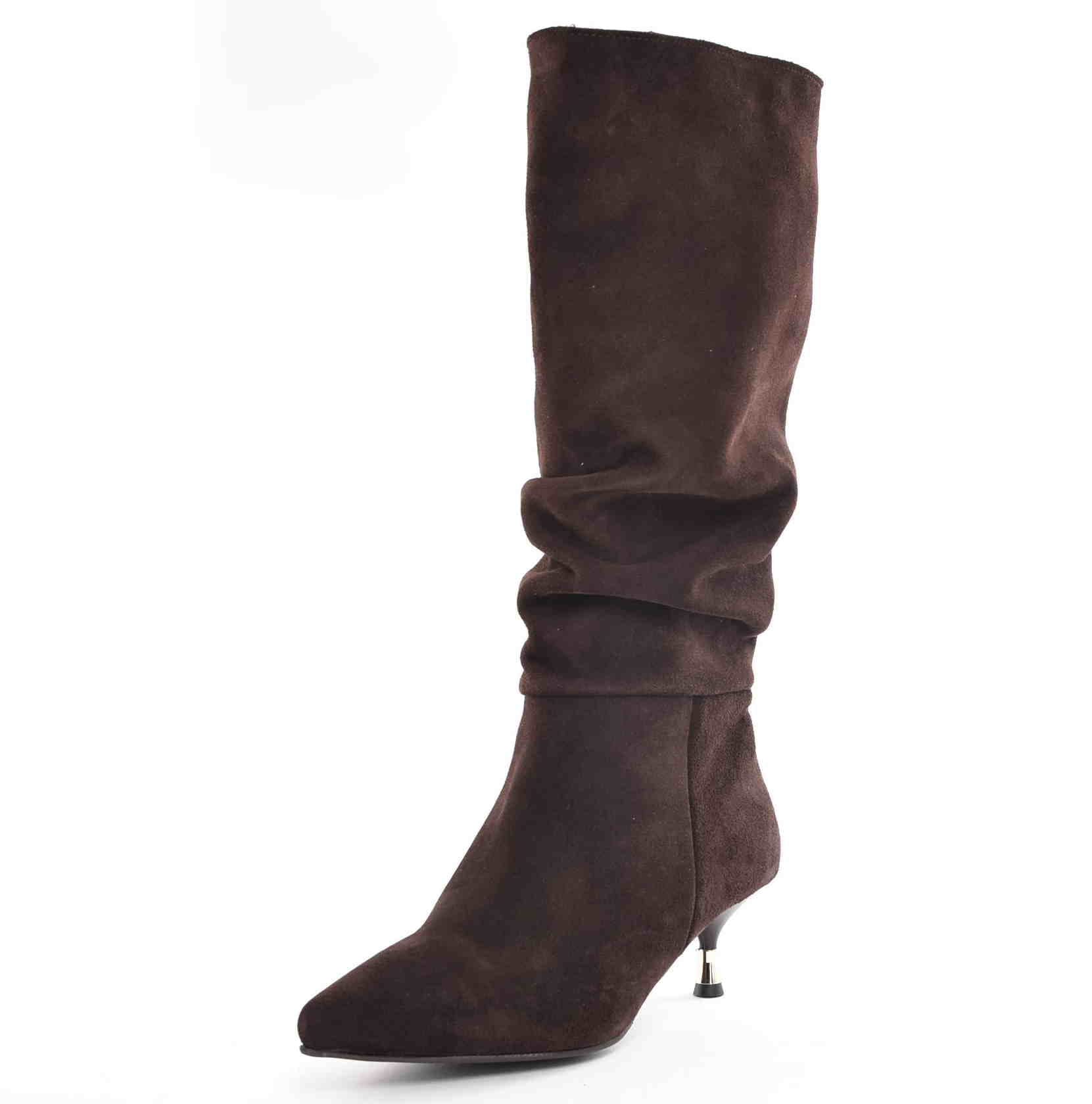 Obłędne Damskie Kozaki Marszczone Niski Obcas Czekolada Skóra Naturalna Zamsz 3917 Brąz - zdjęcie 2