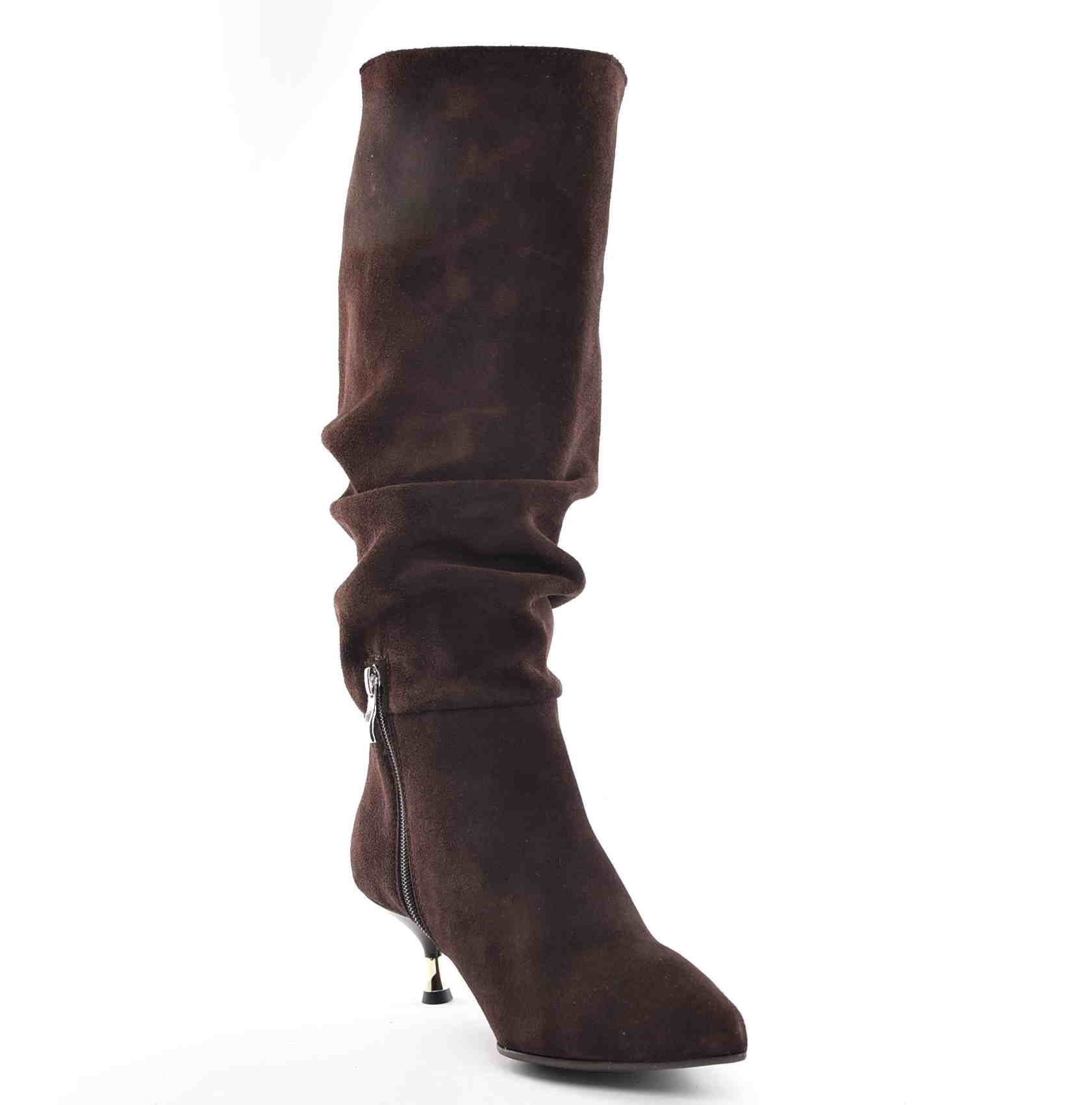 Obłędne Damskie Kozaki Marszczone Niski Obcas Czekolada Skóra Naturalna Zamsz 3917 Brąz - zdjęcie 3