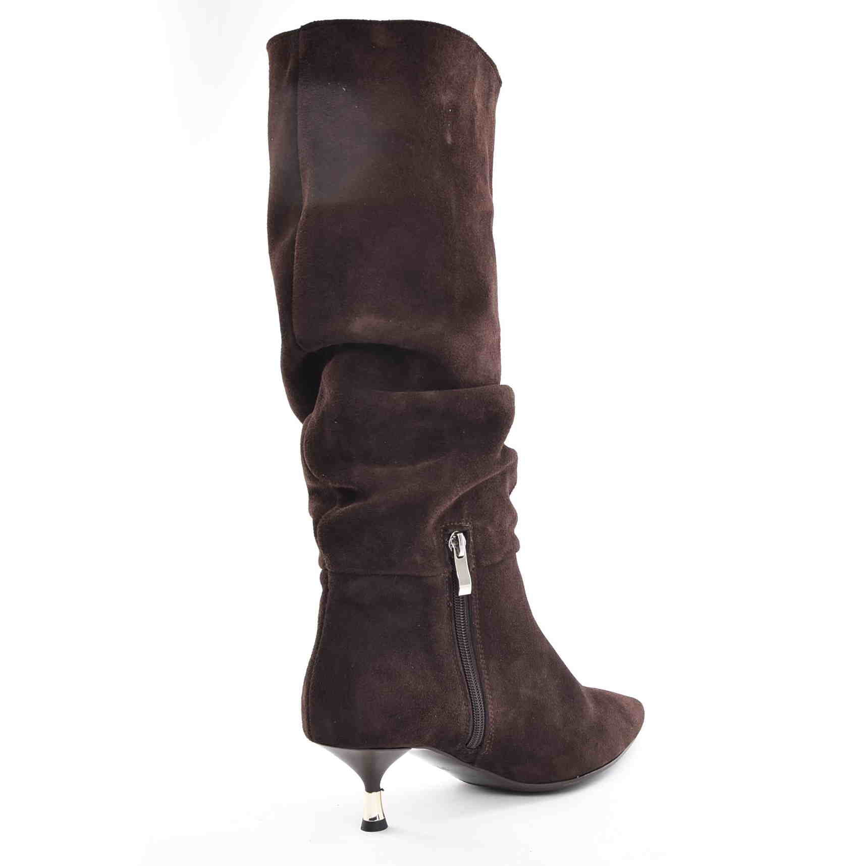 Obłędne Damskie Kozaki Marszczone Niski Obcas Czekolada Skóra Naturalna Zamsz 3917 Brąz - zdjęcie 4