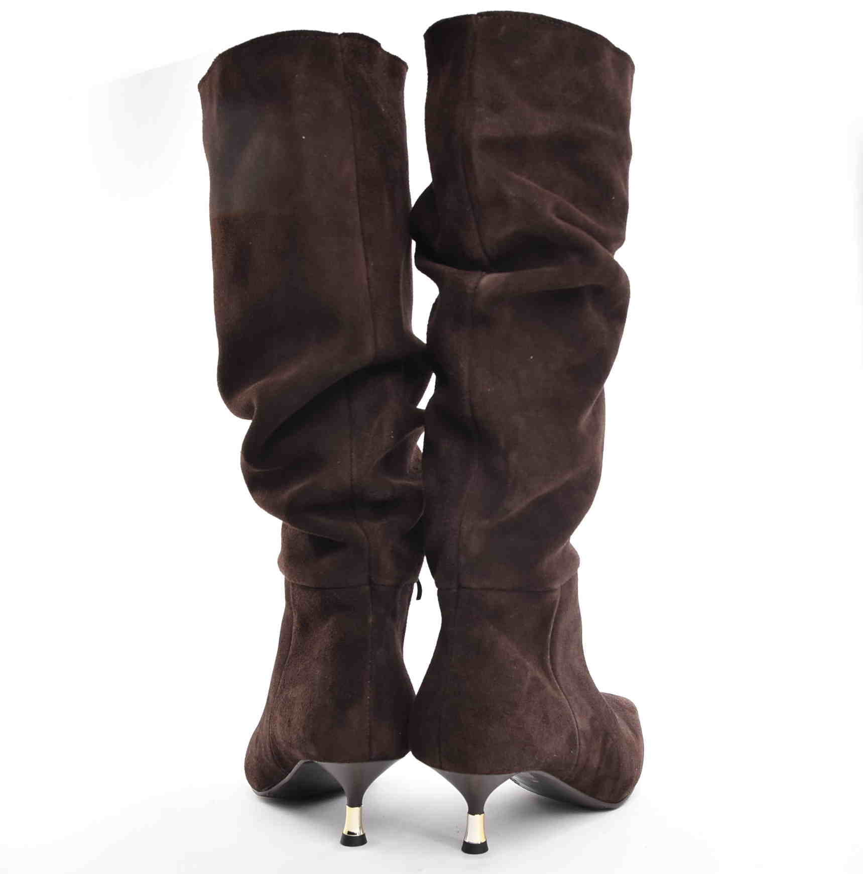 Obłędne Damskie Kozaki Marszczone Niski Obcas Czekolada Skóra Naturalna Zamsz 3917 Brąz - zdjęcie 5