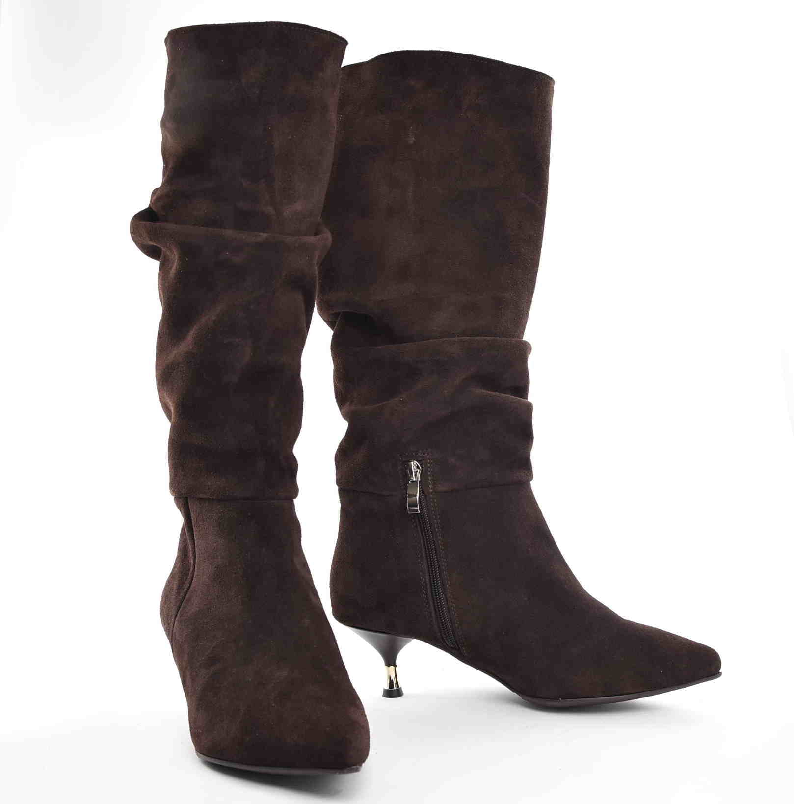 Obłędne Damskie Kozaki Marszczone Niski Obcas Czekolada Skóra Naturalna Zamsz 3917 Brąz - zdjęcie 6