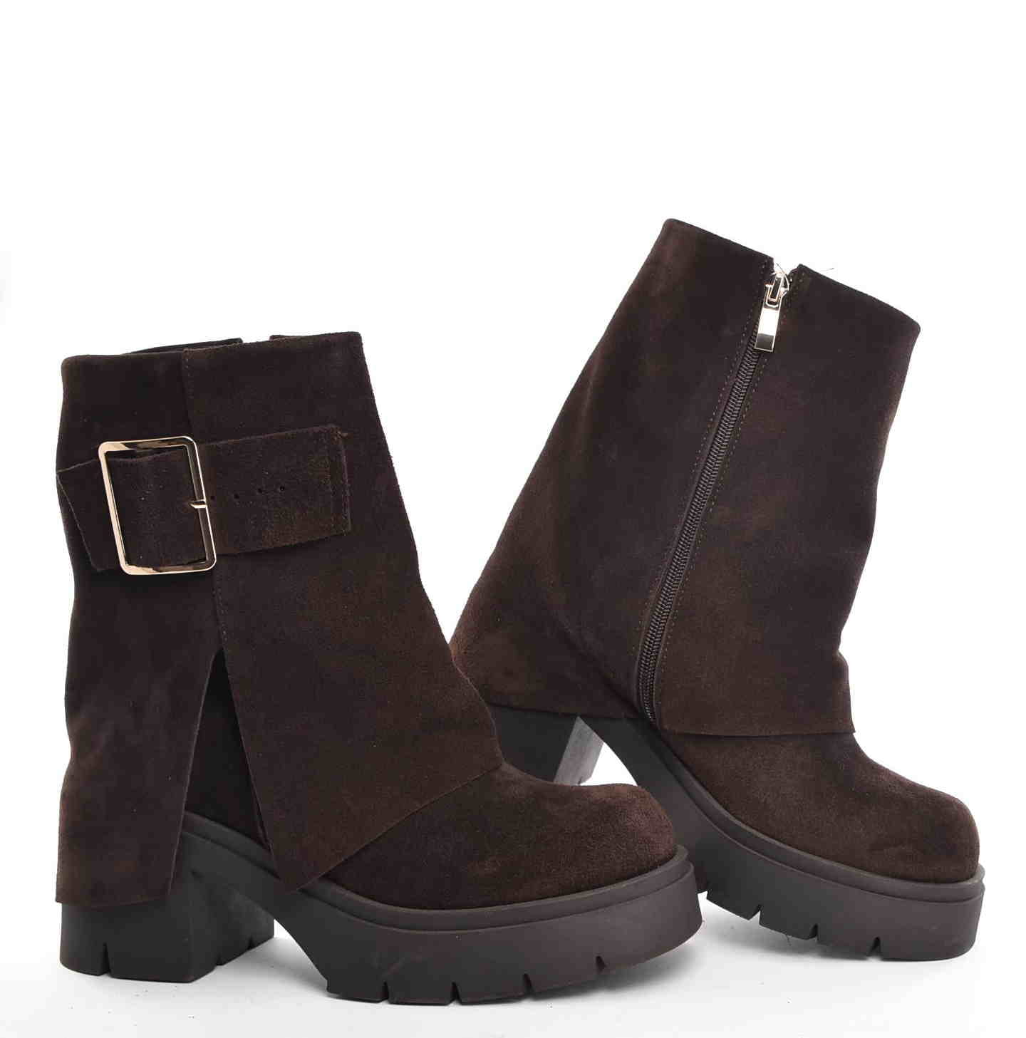 Botki Na Grubym Traperze Skóra Naturalna Czekolada Wywijana Cholewka 3912 Brąz - zdjęcie 6