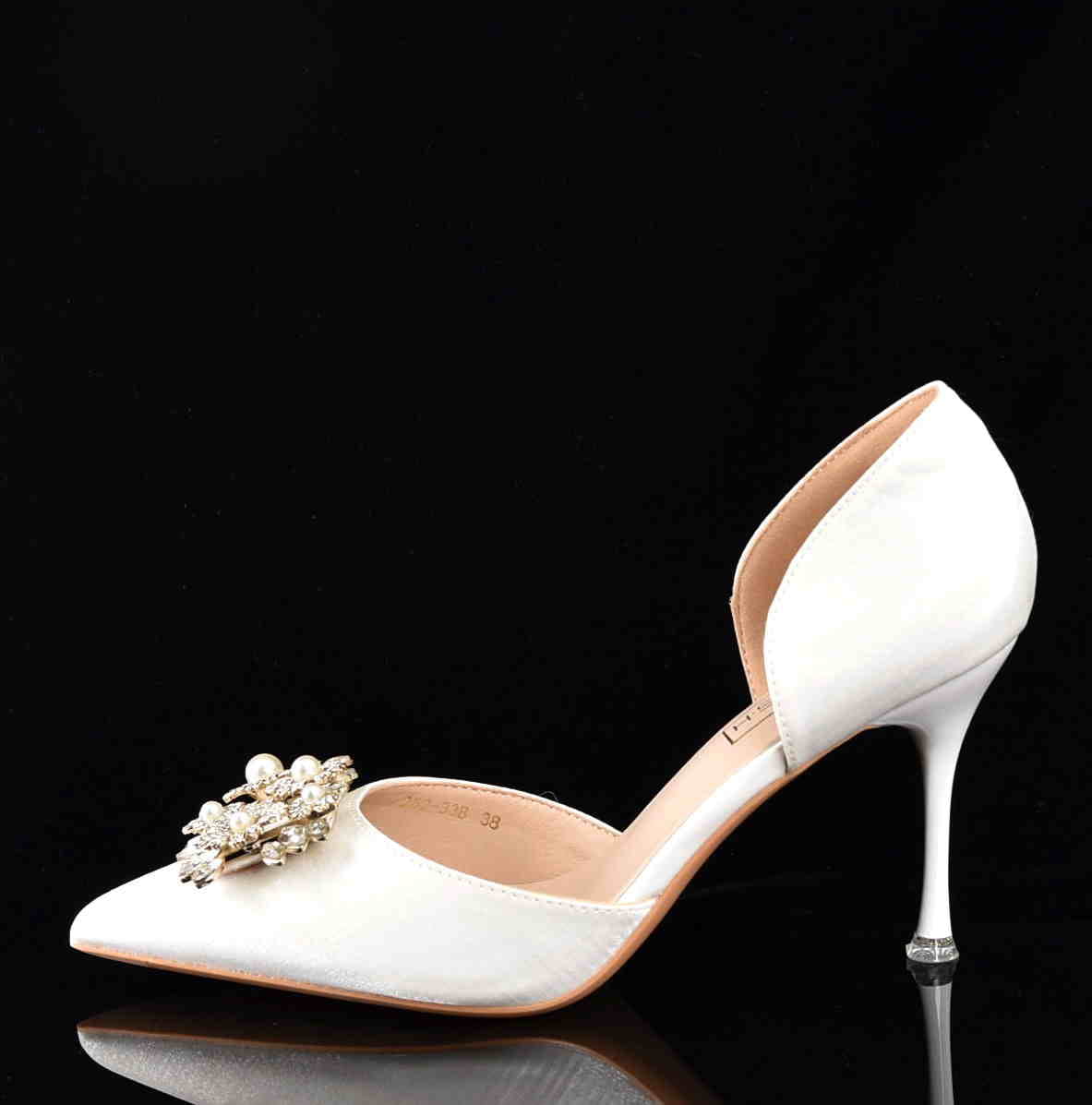 Ekskluzywne Satynowe Czółenka Szpilki Glamour z Perełkami i Cyrkoniami Ślubne MOLO 252-33B White/Ecru Satyna Materiałowa - zdjęcie 1