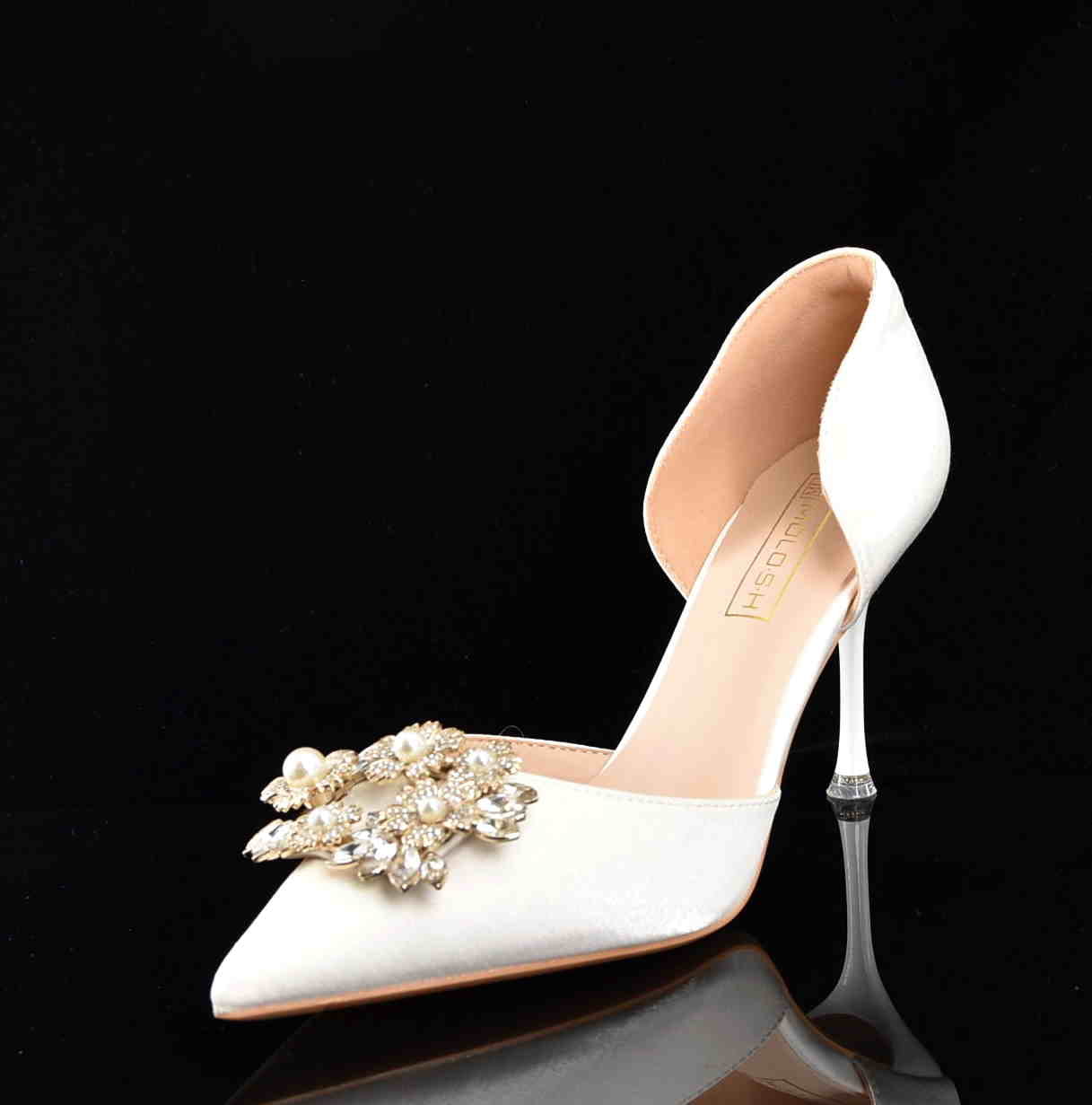 Ekskluzywne Satynowe Czółenka Szpilki Glamour z Perełkami i Cyrkoniami Ślubne MOLO 252-33B White/Ecru Satyna Materiałowa - zdjęcie 2