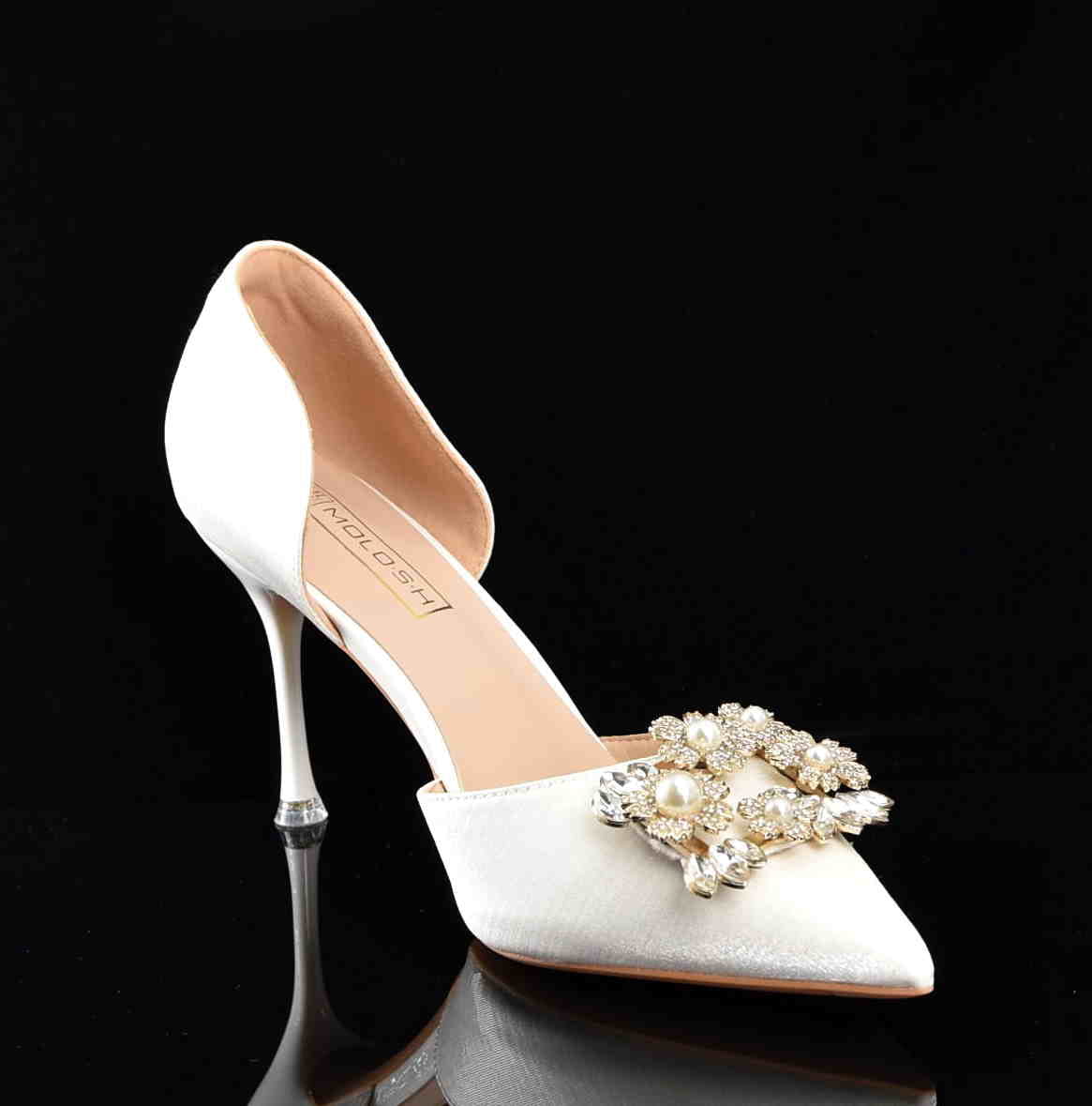 Ekskluzywne Satynowe Czółenka Szpilki Glamour z Perełkami i Cyrkoniami Ślubne MOLO 252-33B White/Ecru Satyna Materiałowa - zdjęcie 3