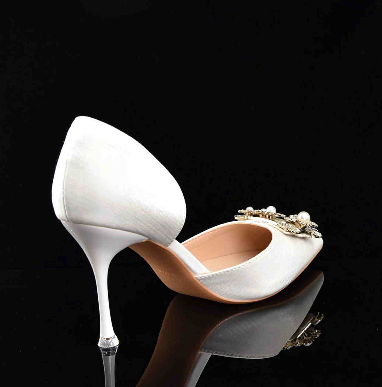 Ekskluzywne Satynowe Czółenka Szpilki Glamour z Perełkami i Cyrkoniami Ślubne MOLO 252-33B White/Ecru Satyna Materiałowa - zdjęcie 4