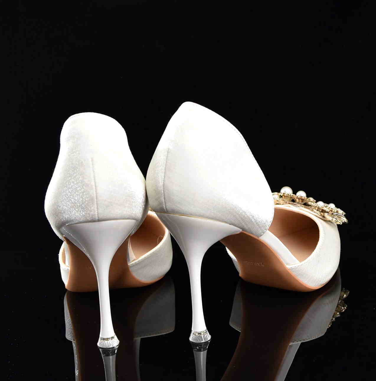 Ekskluzywne Satynowe Czółenka Szpilki Glamour z Perełkami i Cyrkoniami Ślubne MOLO 252-33B White/Ecru Satyna Materiałowa - zdjęcie 5
