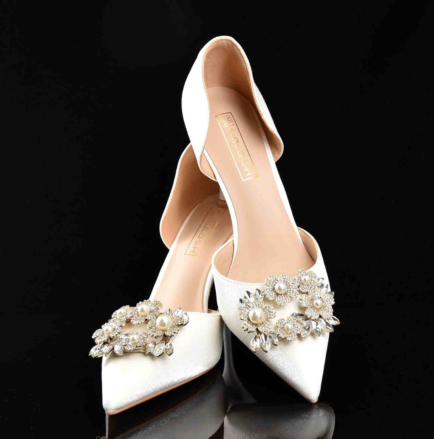 Ekskluzywne Satynowe Czółenka Szpilki Glamour z Perełkami i Cyrkoniami Ślubne MOLO 252-33B White/Ecru Satyna Materiałowa - zdjęcie 7