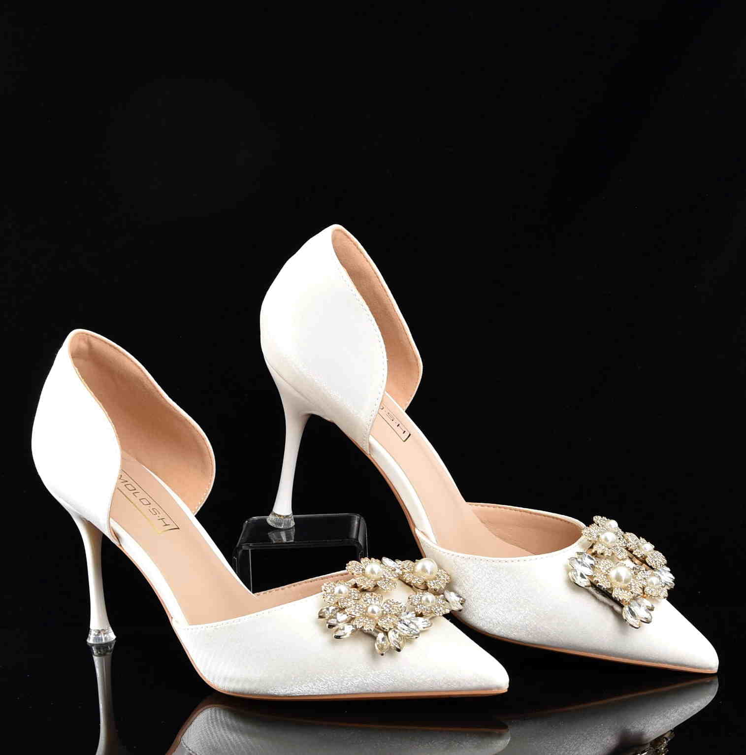 Ekskluzywne Satynowe Czółenka Szpilki Glamour z Perełkami i Cyrkoniami Ślubne MOLO 252-33B White/Ecru Satyna Materiałowa - zdjęcie 8