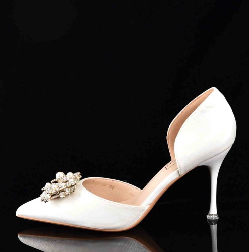 Ekskluzywne Satynowe Czółenka Szpilki Glamour z Perełkami i Cyrkoniami Ślubne MOLO 252-33B White/Ecru Satyna Materiałowa - zdjęcie 9