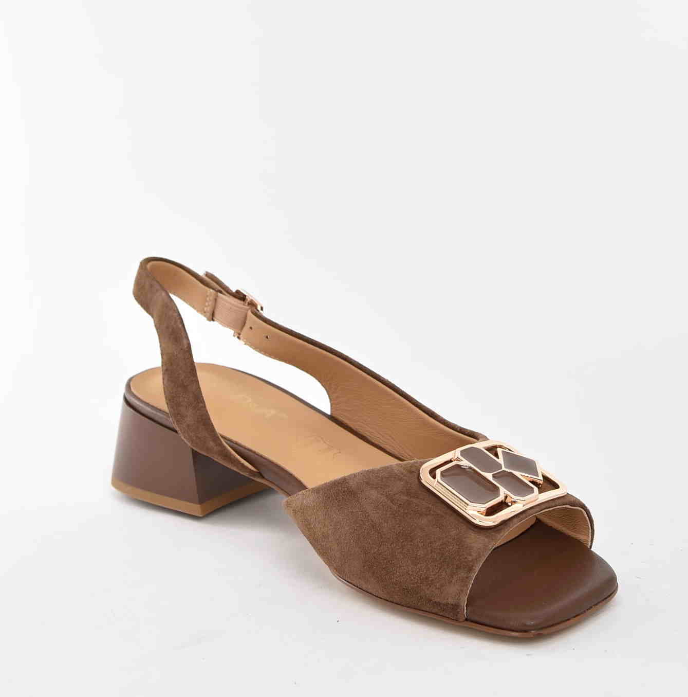 Letni Bestseller Zamszowe Sandałki z Ozdobą na Wygodnym Obcasie D&A Barski Premium Collection CR61-3127 Cognac/Koniakowy Brąz - zdjęcie 2