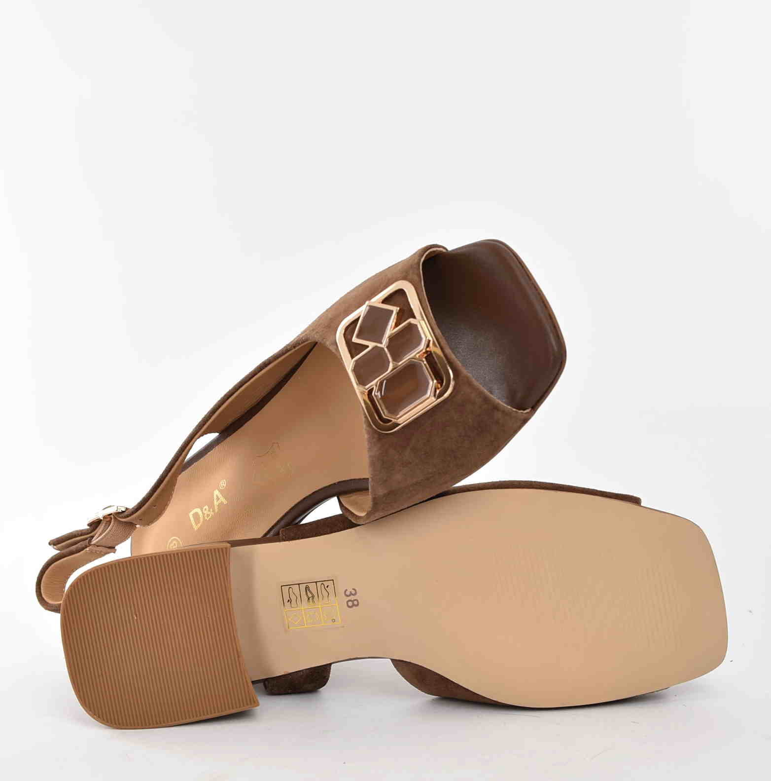 Letni Bestseller Zamszowe Sandałki z Ozdobą na Wygodnym Obcasie D&A Barski Premium Collection CR61-3127 Cognac/Koniakowy Brąz - zdjęcie 3