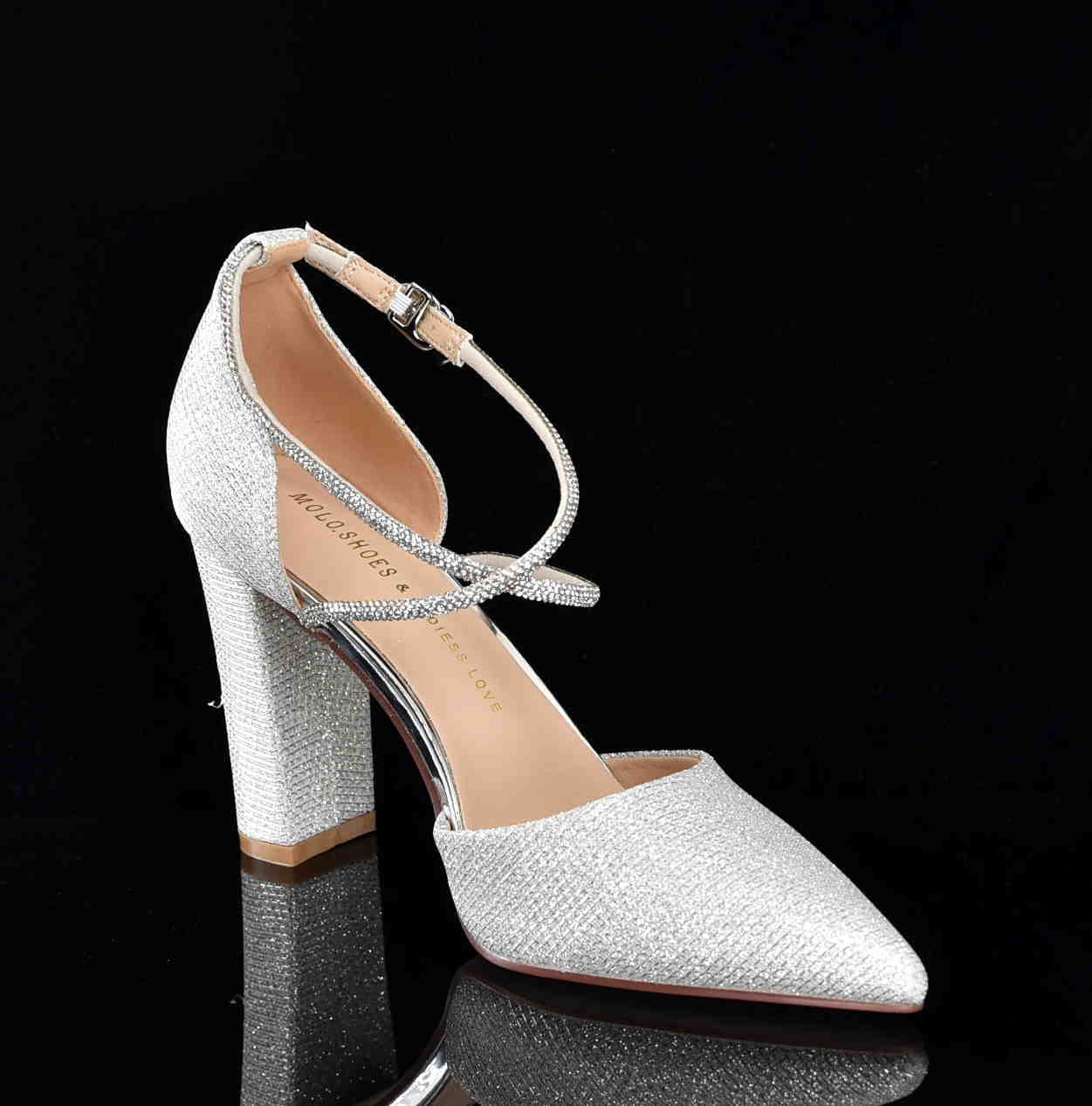 Brokatowe Czółenka Glamour z Cyrkoniami Efekt WOW i Niezrównana Elegancja MOLO 122-35Y Silver/Srebrny Satyna - zdjęcie 2