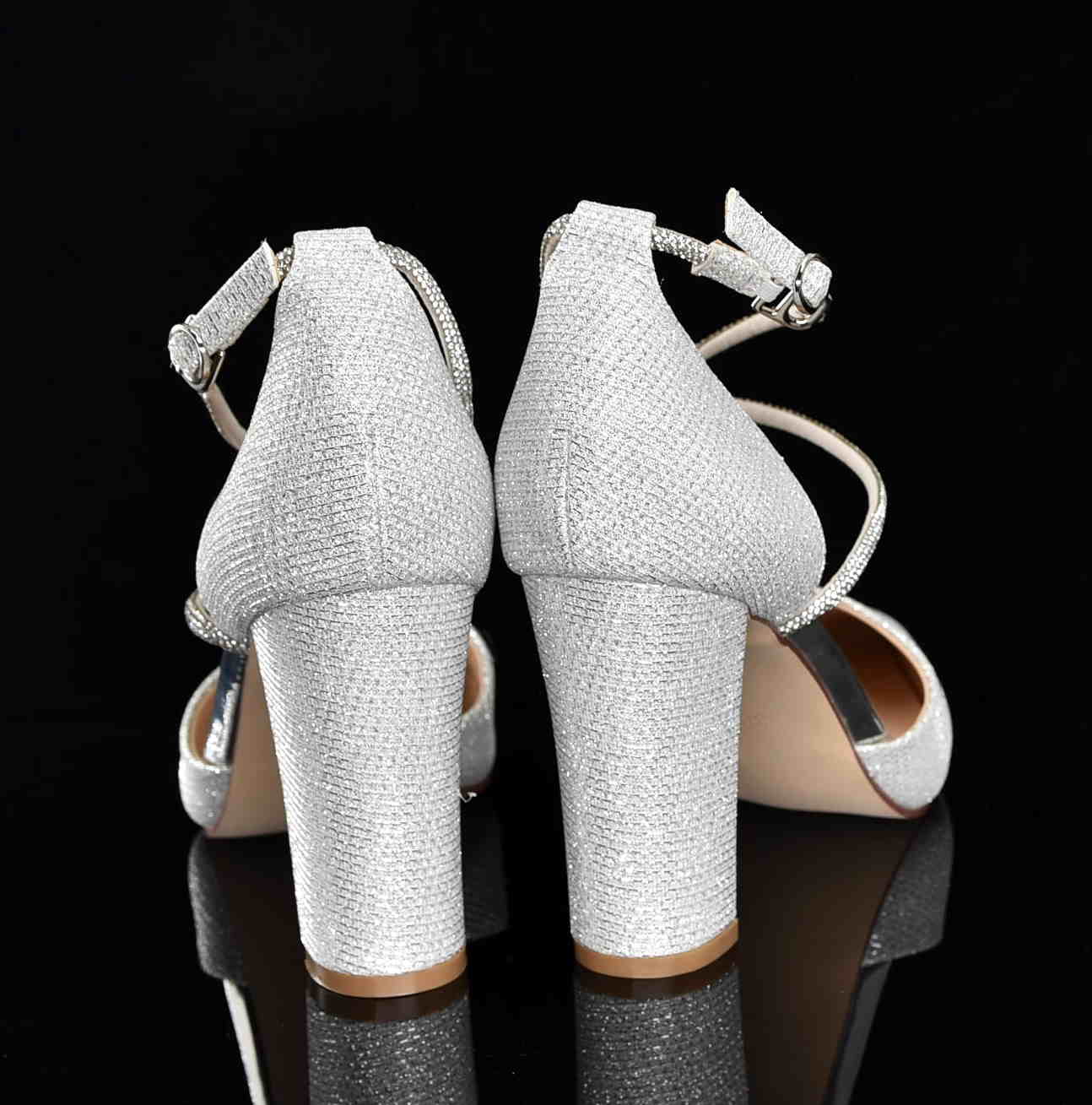 Brokatowe Czółenka Glamour z Cyrkoniami Efekt WOW i Niezrównana Elegancja MOLO 122-35Y Silver/Srebrny Satyna - zdjęcie 3