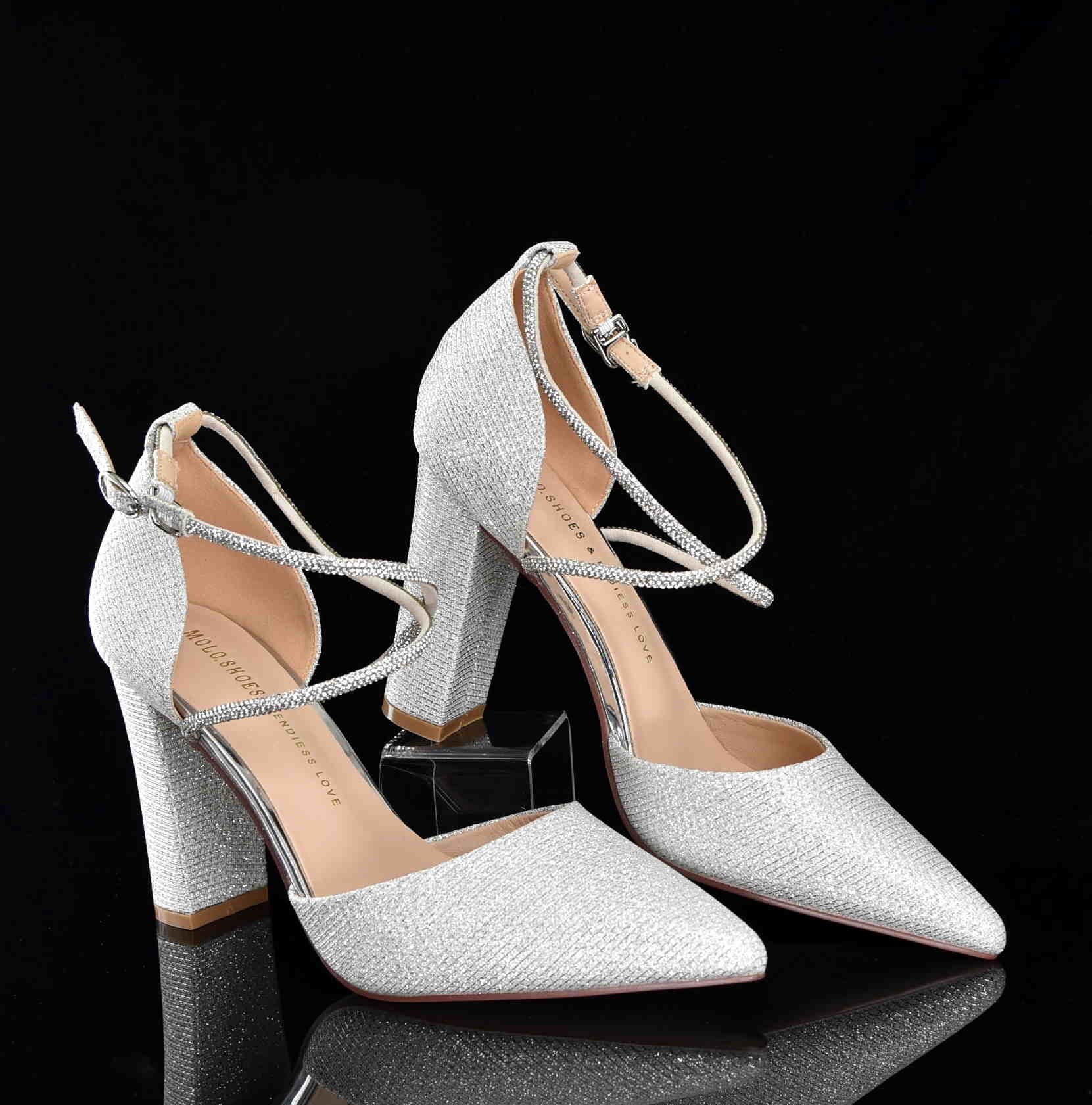 Brokatowe Czółenka Glamour z Cyrkoniami Efekt WOW i Niezrównana Elegancja MOLO 122-35Y Silver/Srebrny Satyna - zdjęcie 4